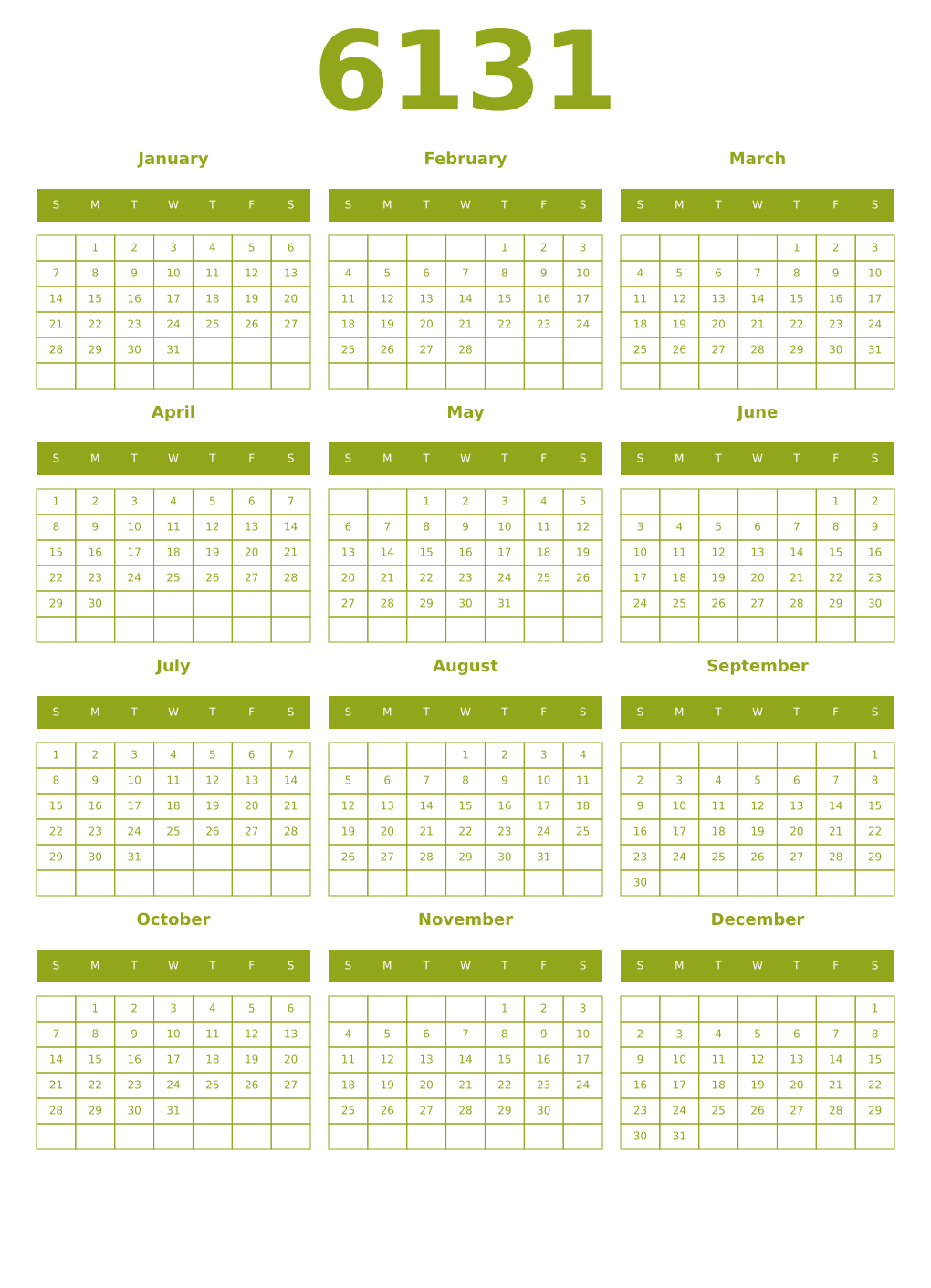 Printable 6131 Year Calendars chartreuse