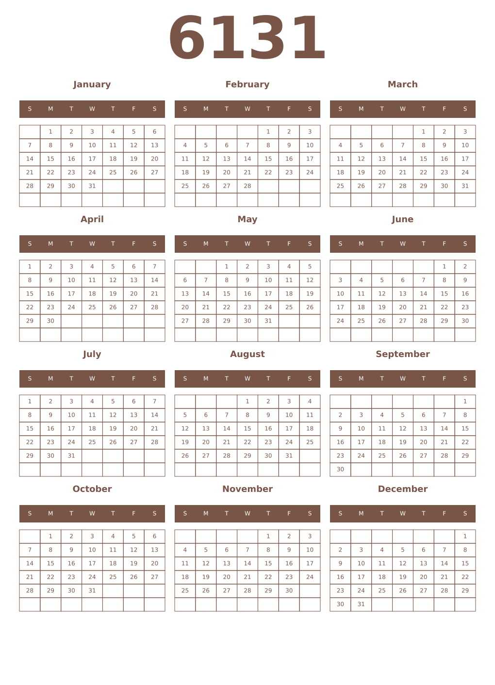 Printable 6131 Year Calendars coffe