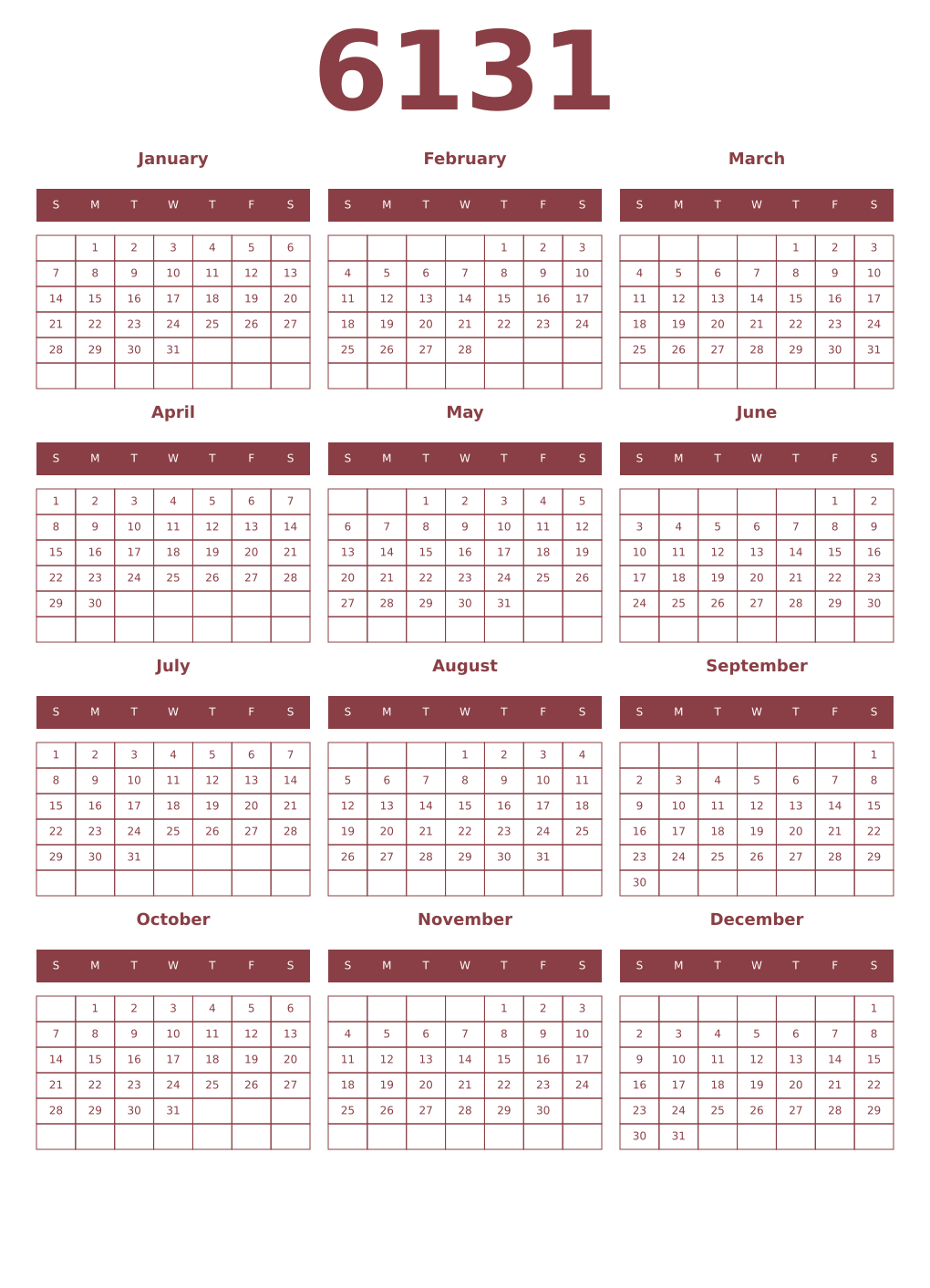 Printable 6131 Year Calendars cordovan