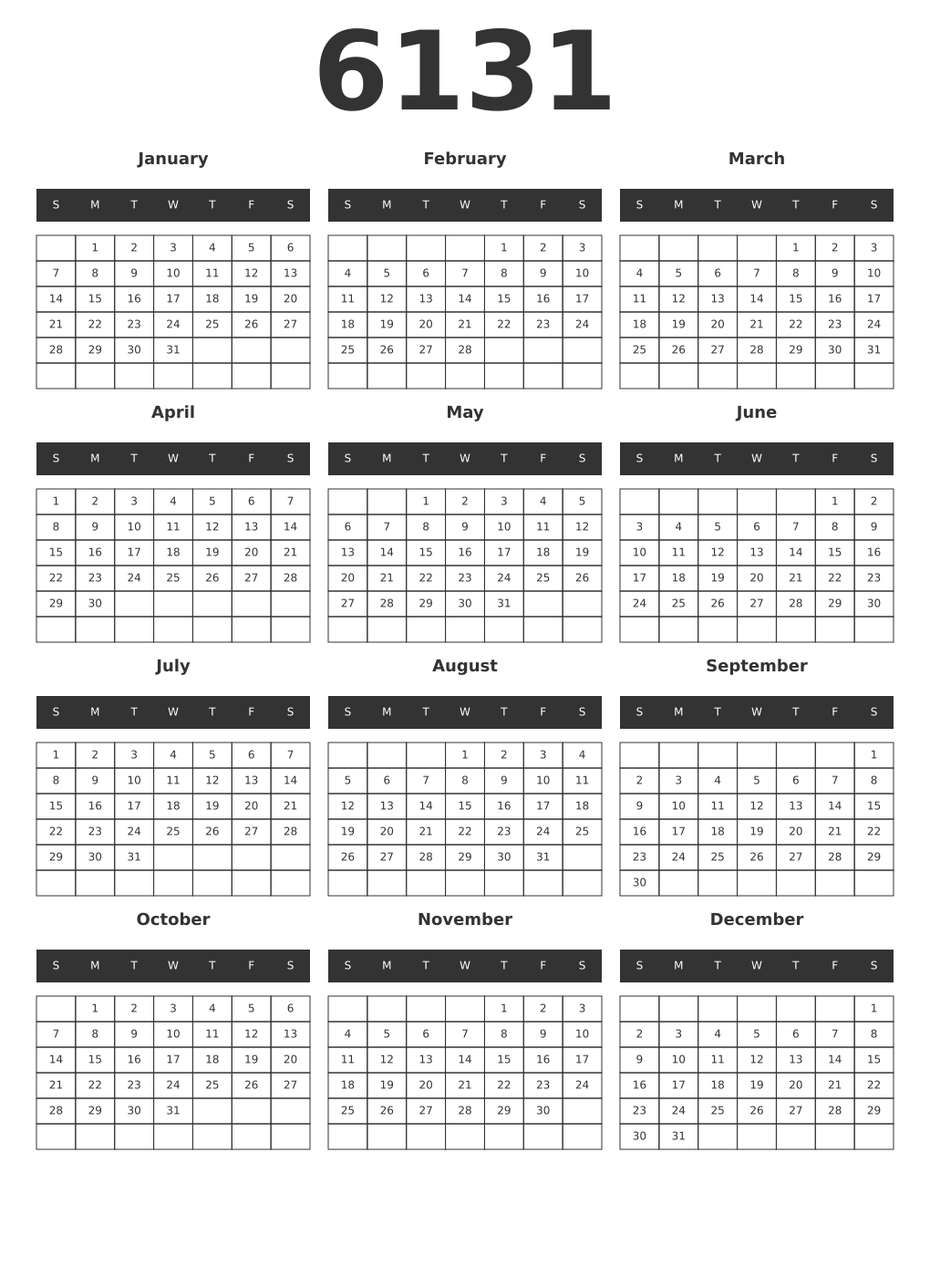 Printable 6131 Year Calendars dark