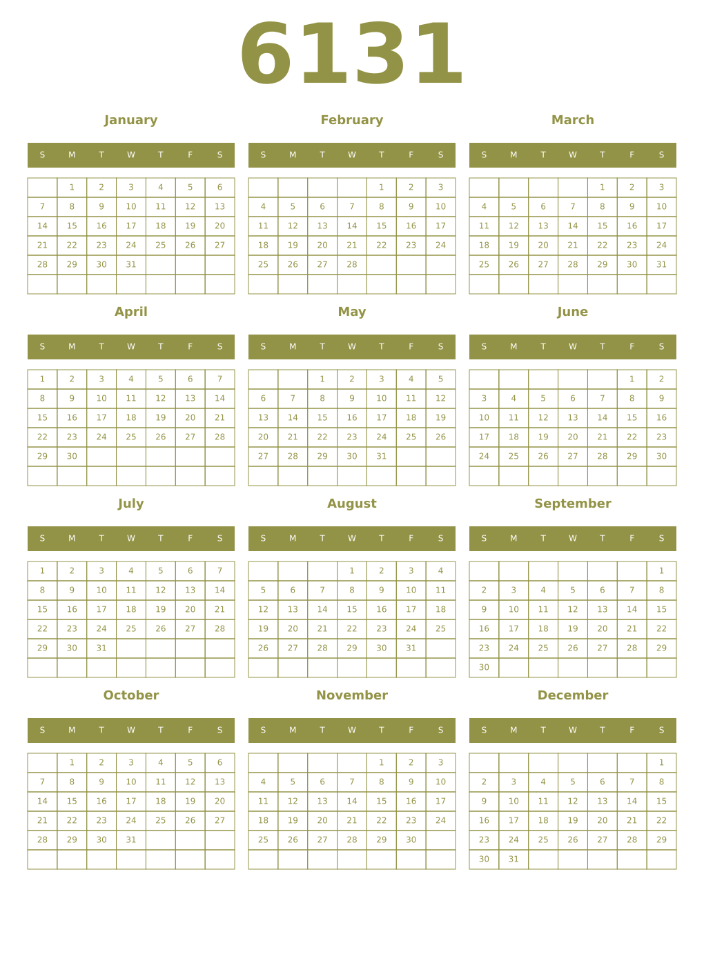 Printable 6131 Year Calendars eburnean