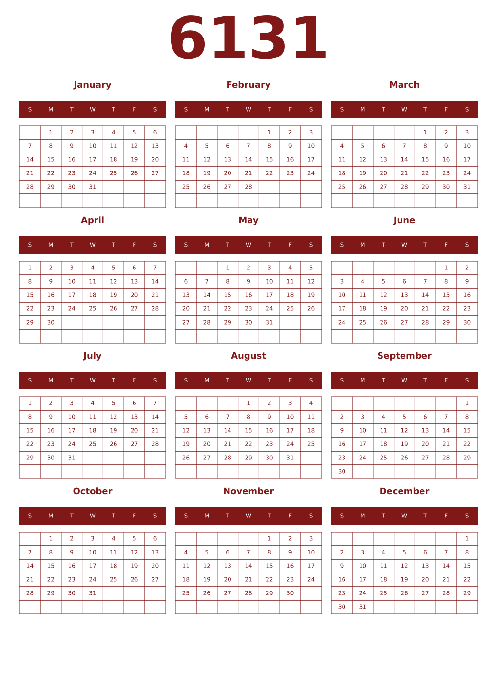Printable 6131 Year Calendars falu