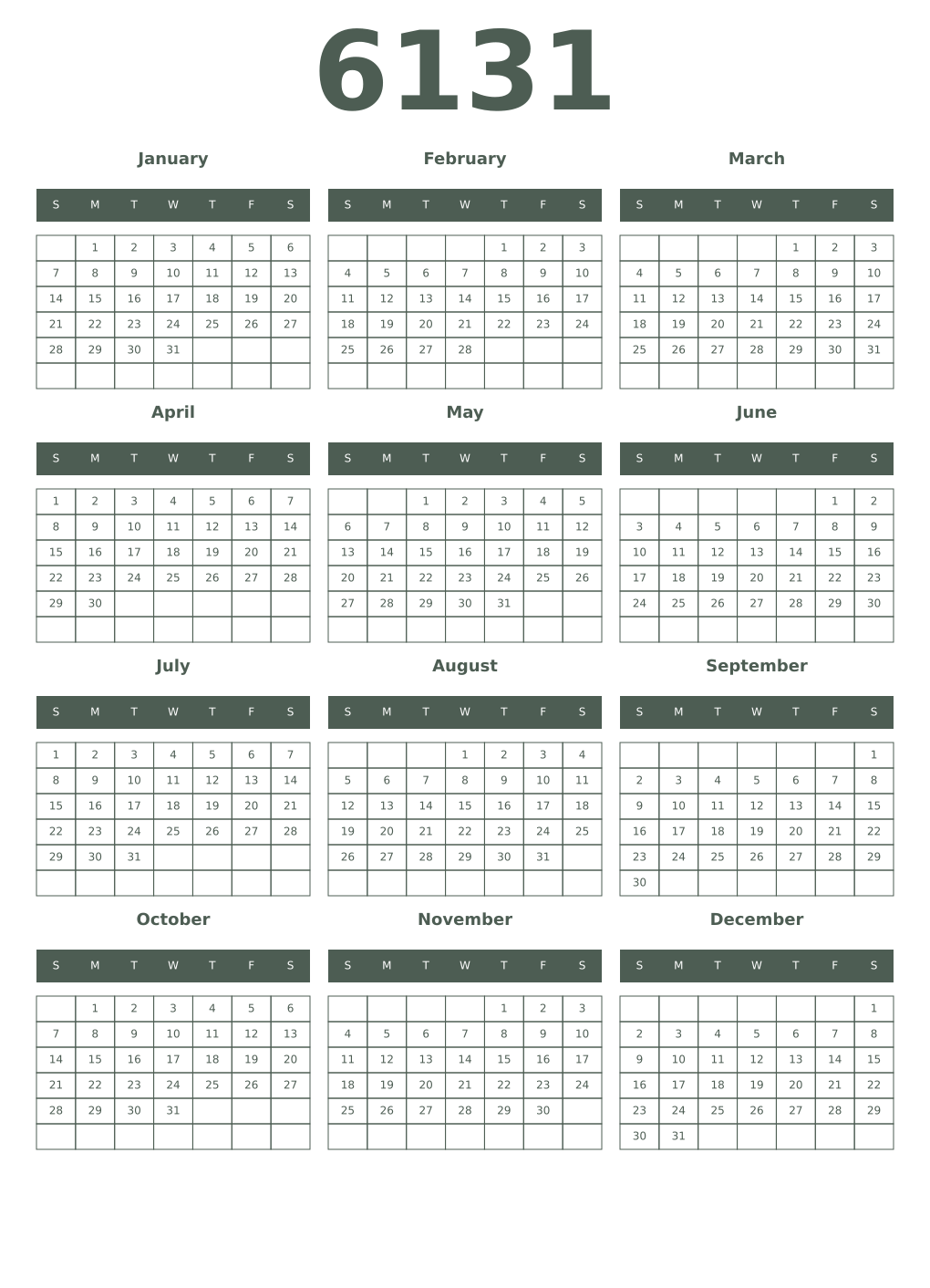 Printable 6131 Year Calendars feldgrau