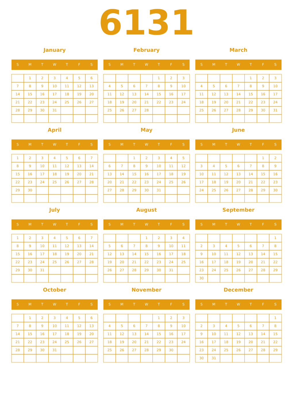 Printable 6131 Year Calendars gamboge