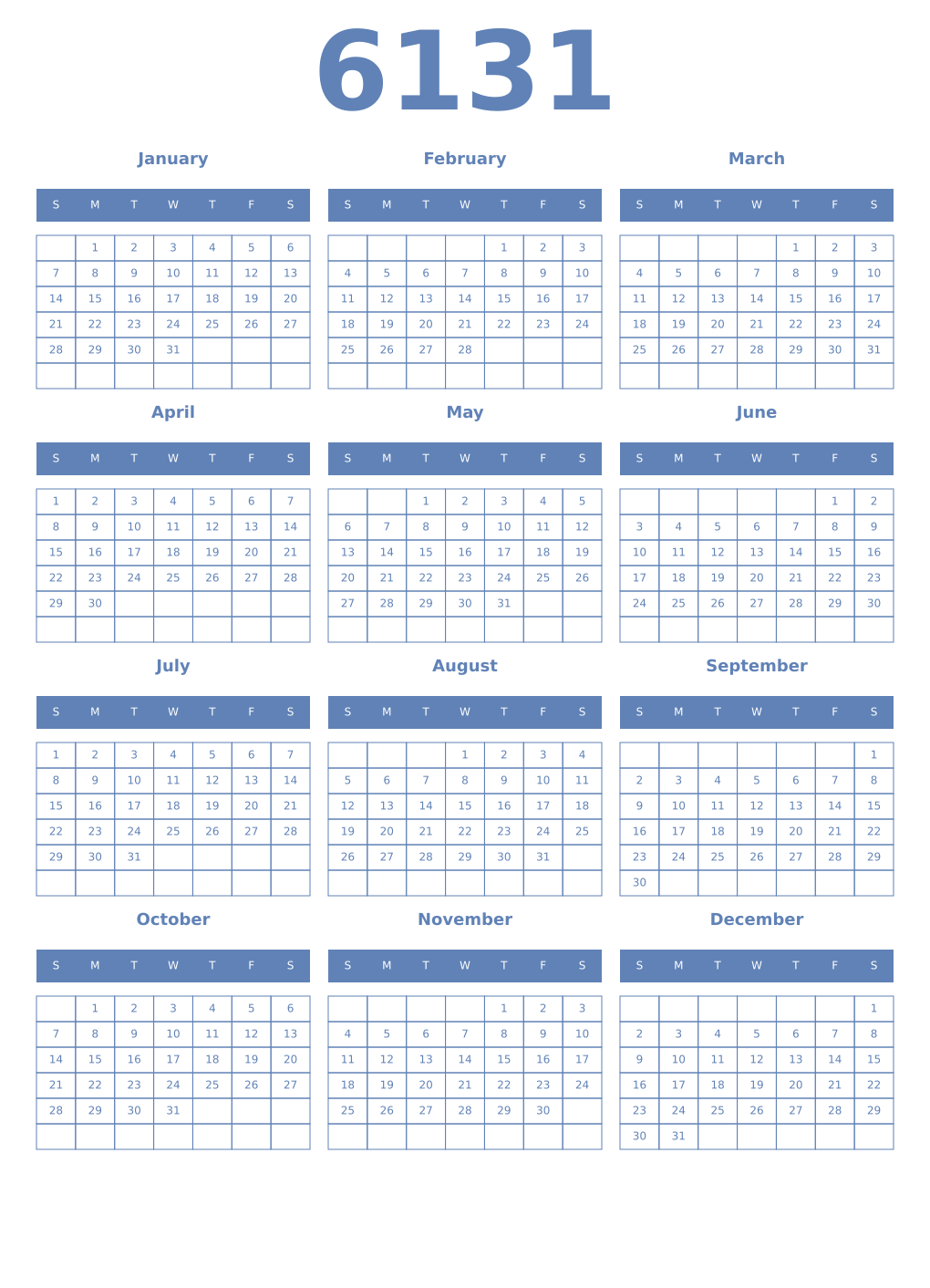 Printable 6131 Year Calendars glaucous