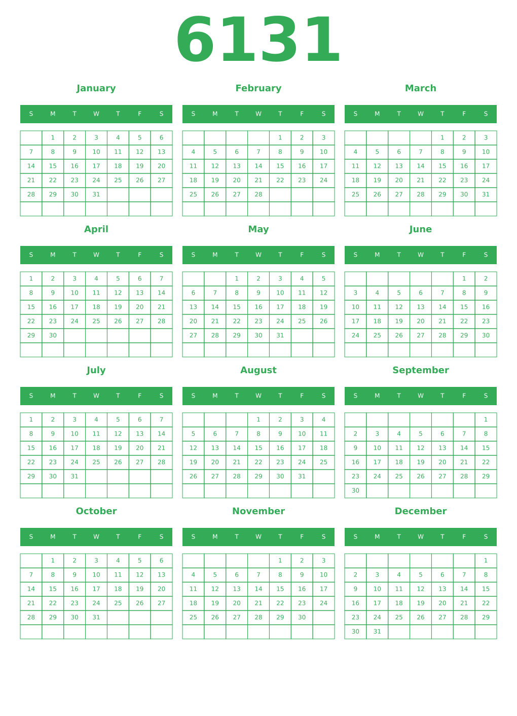 Printable 6131 Year Calendars green