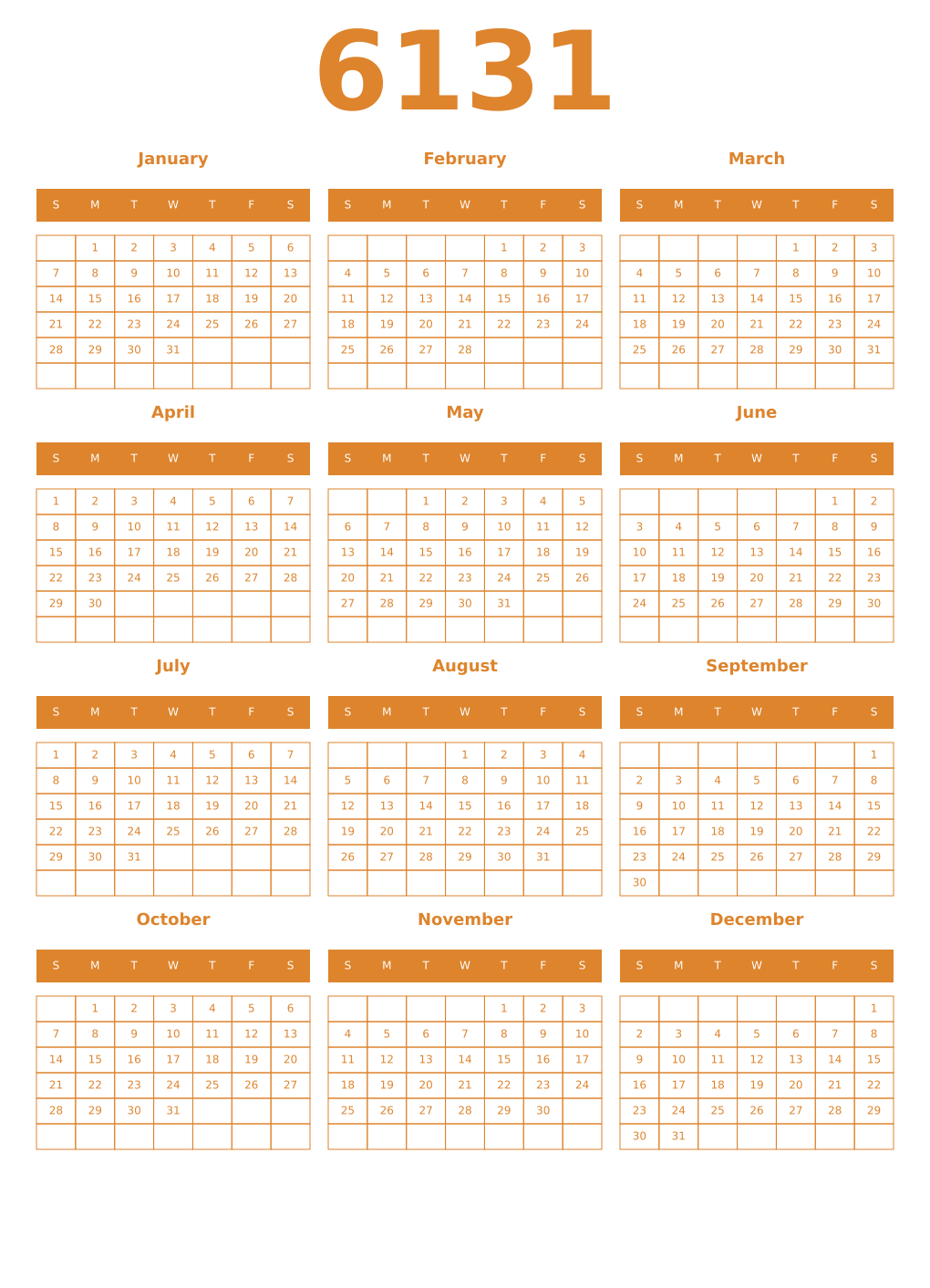 Printable 6131 Year Calendars orange