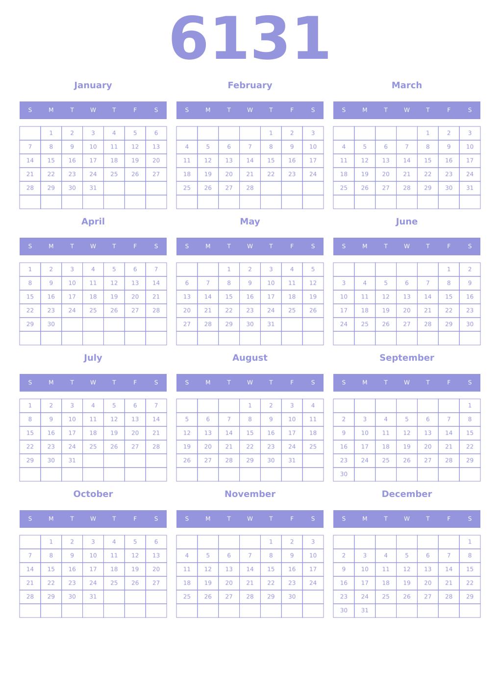 Printable 6131 Year Calendars periwinkle