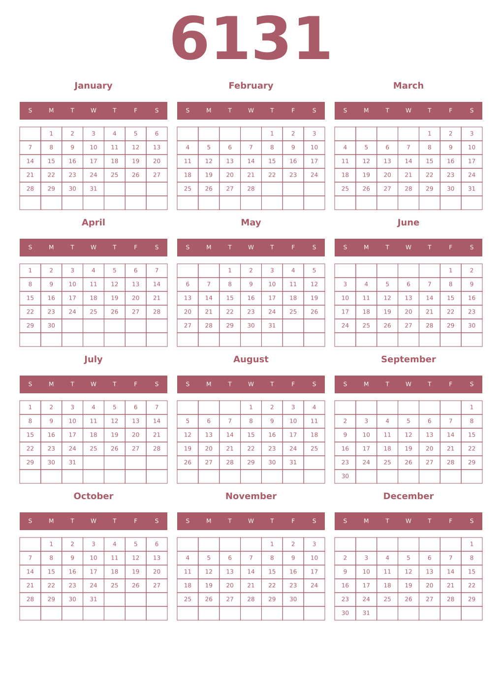 Printable 6131 Year Calendars puce