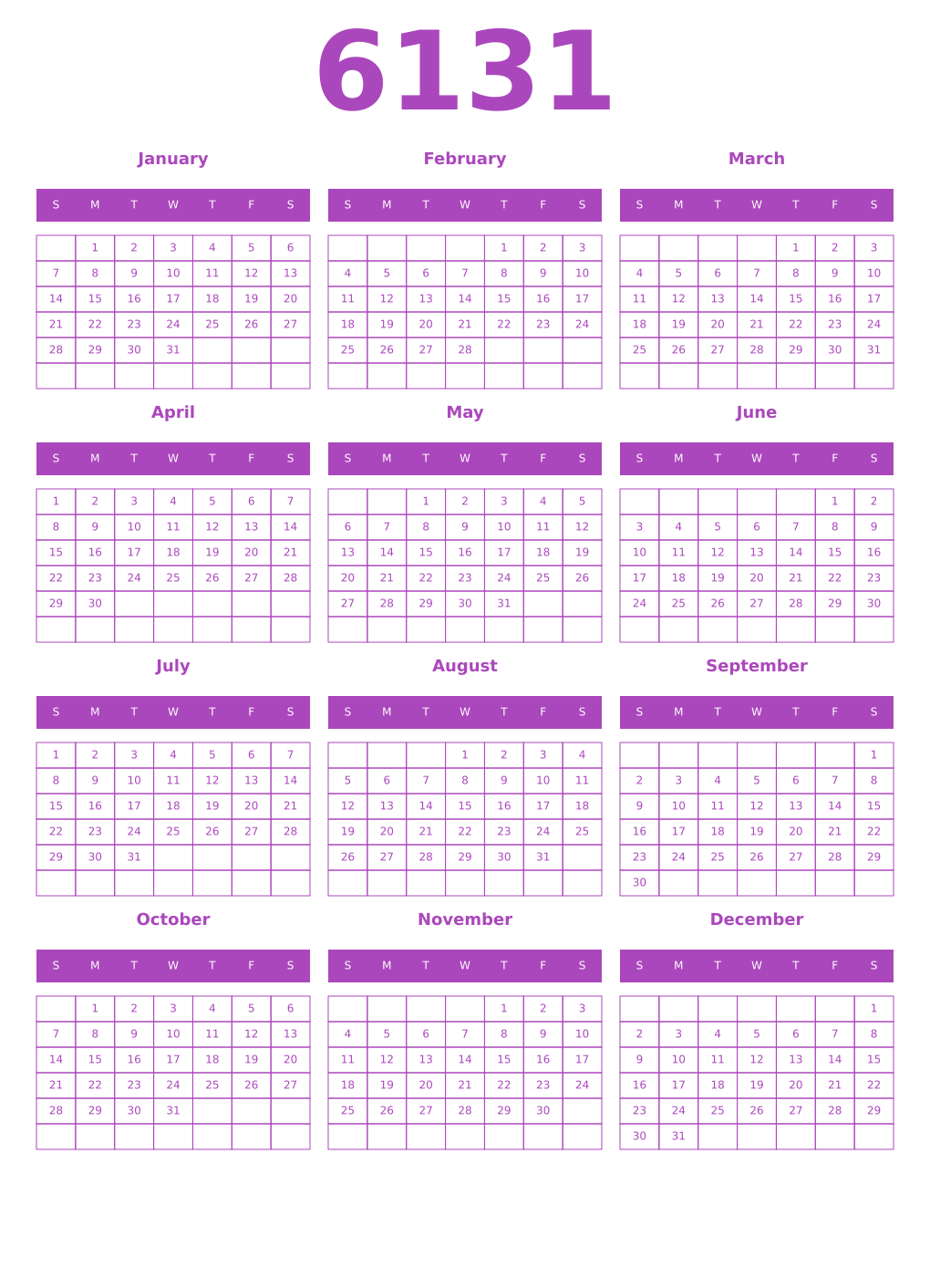 Printable 6131 Year Calendars purple