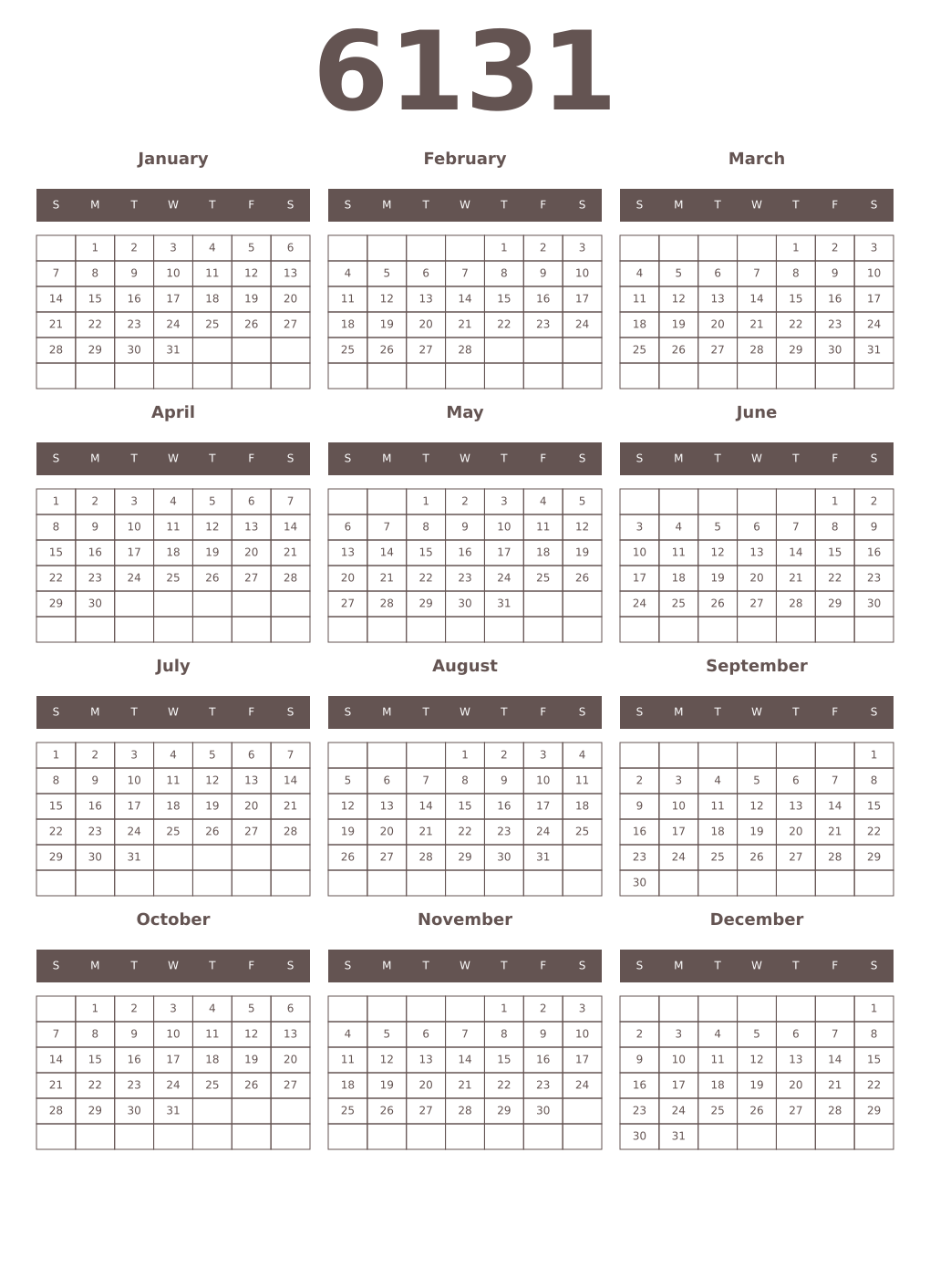 Printable 6131 Year Calendars wenge
