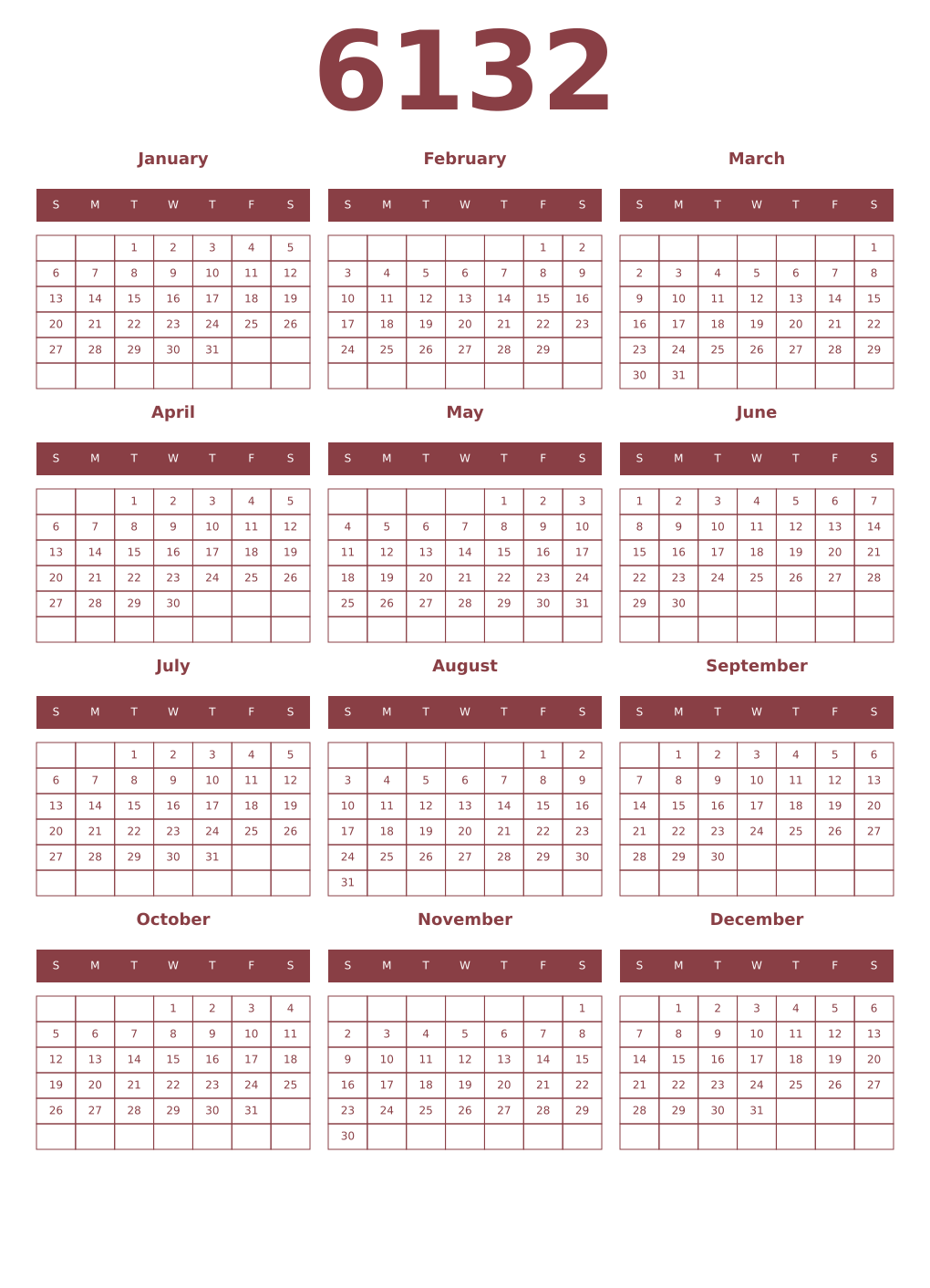 Printable 6132 Year Calendars cordovan