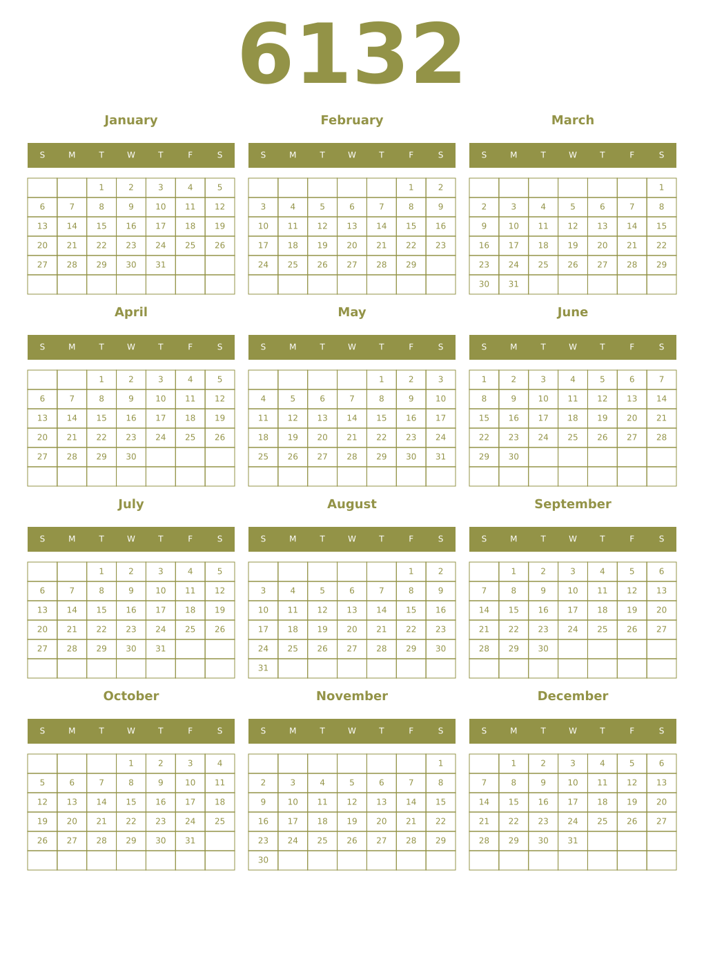 Printable 6132 Year Calendars eburnean