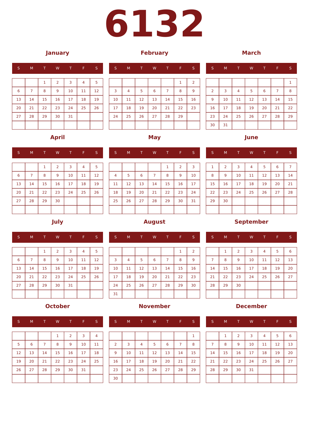 Printable 6132 Year Calendars falu