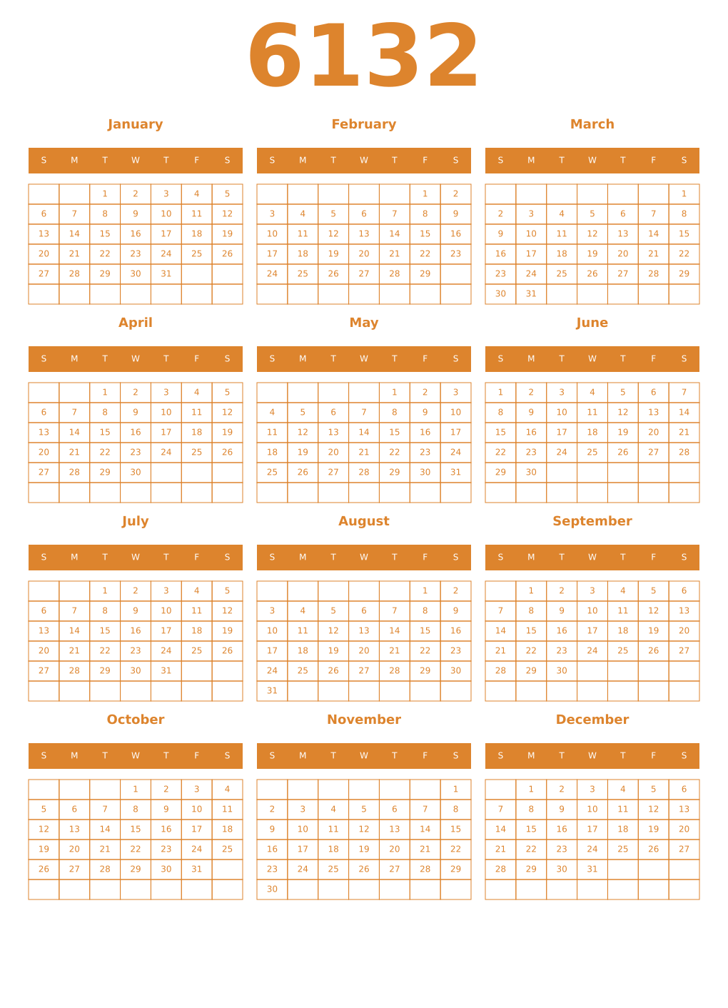 Printable 6132 Year Calendars orange