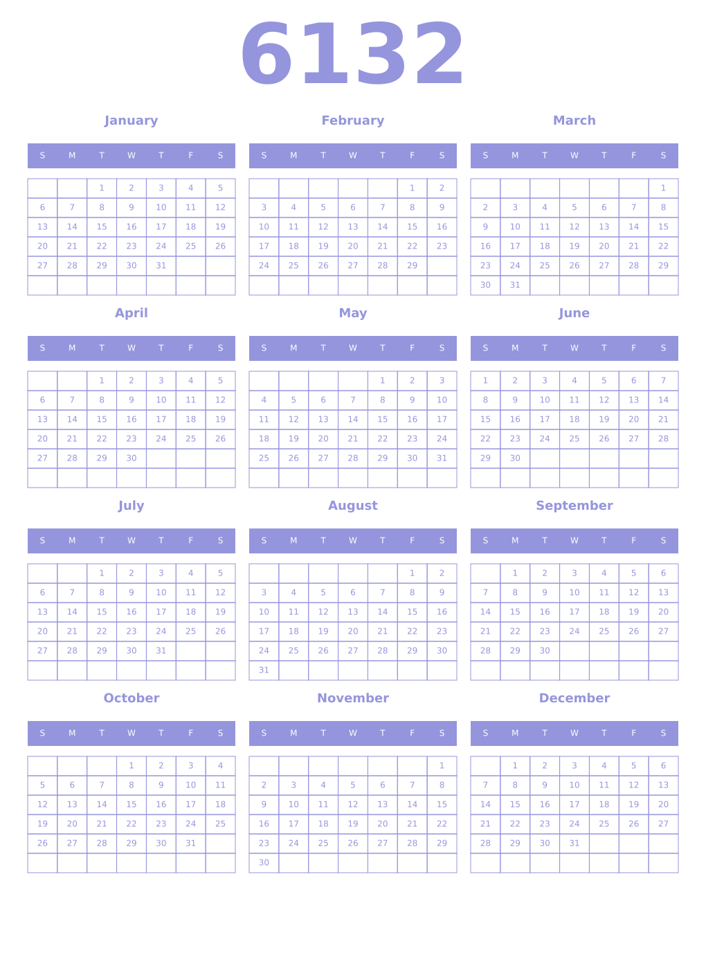 Printable 6132 Year Calendars periwinkle