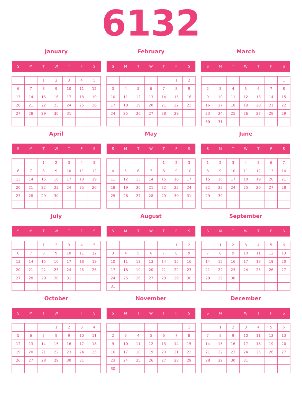 Printable 6132 Year Calendars pink