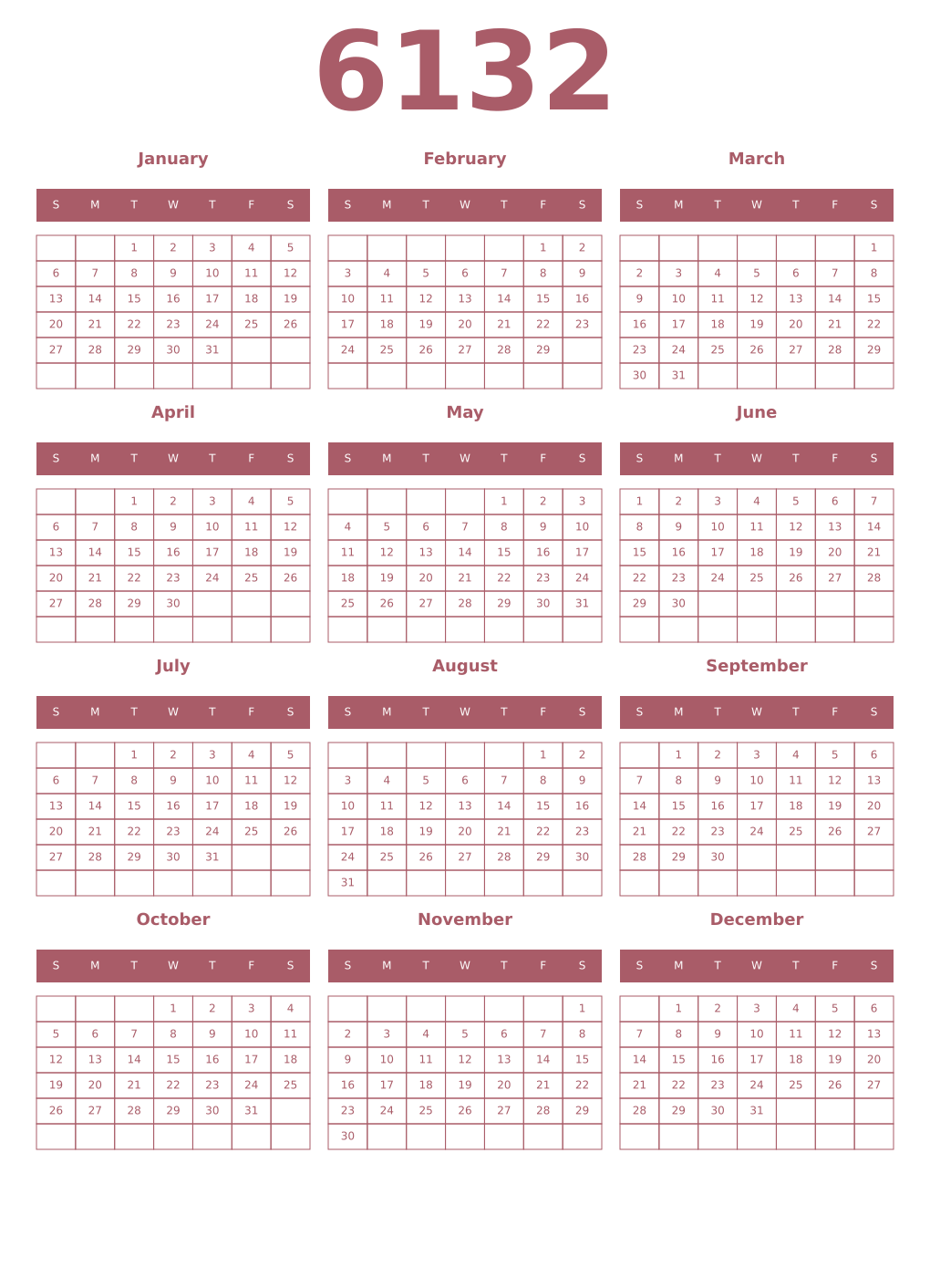 Printable 6132 Year Calendars puce