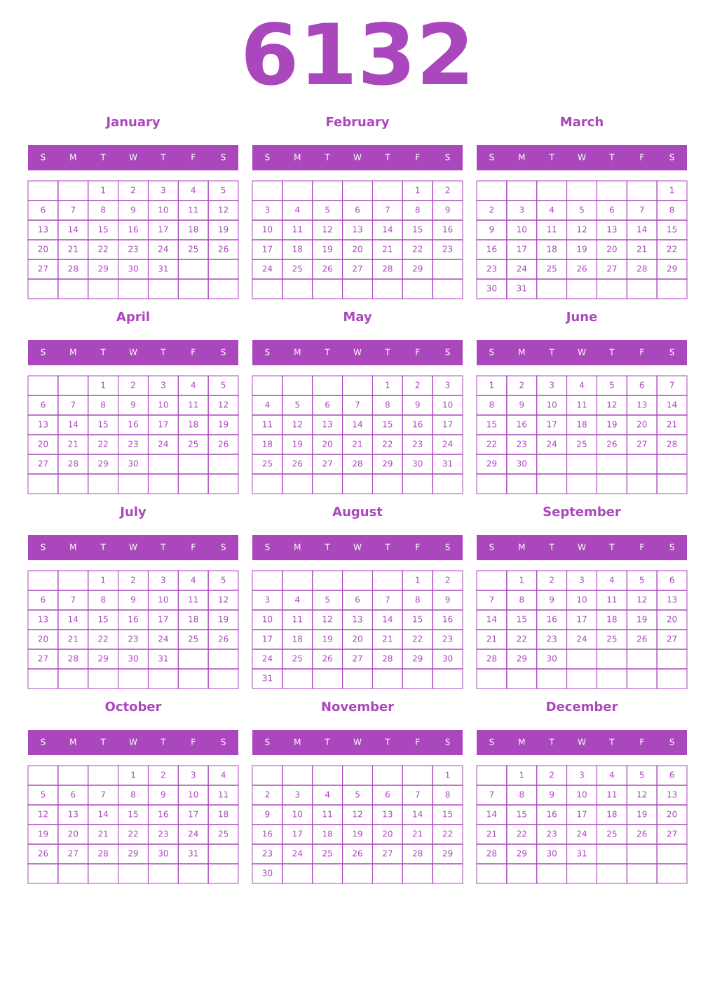 Printable 6132 Year Calendars purple
