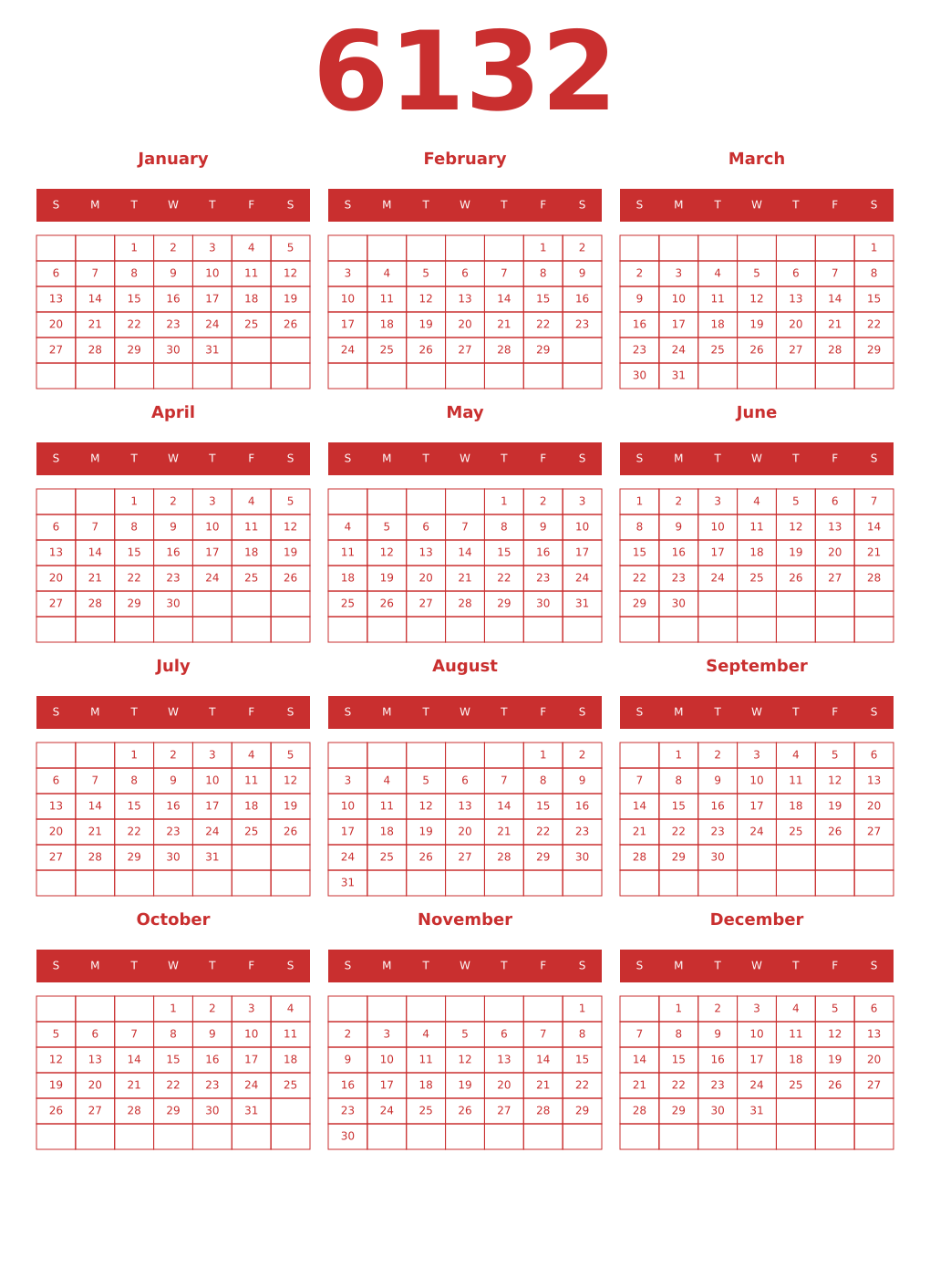 Printable 6132 Year Calendars red
