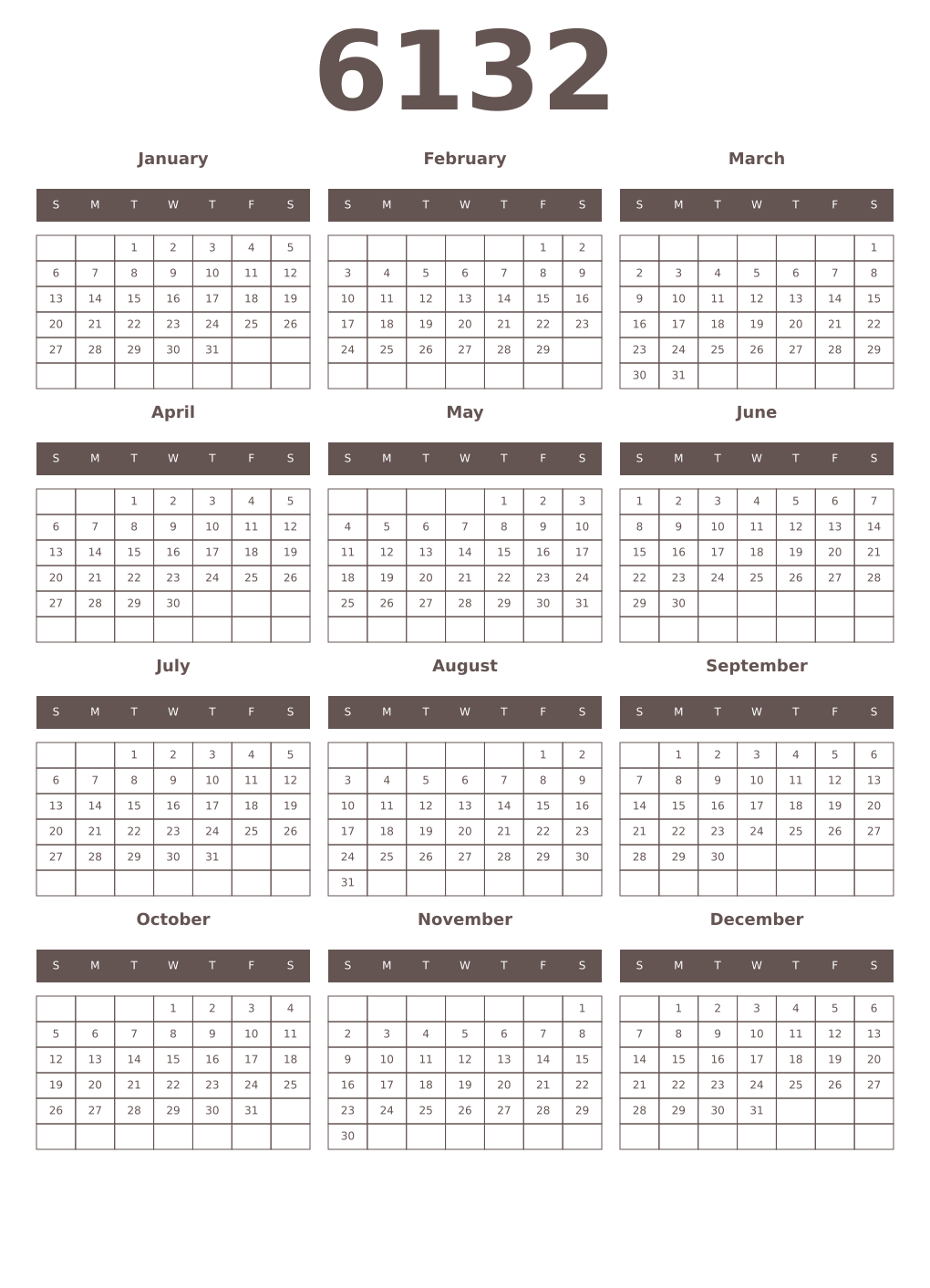 Printable 6132 Year Calendars wenge