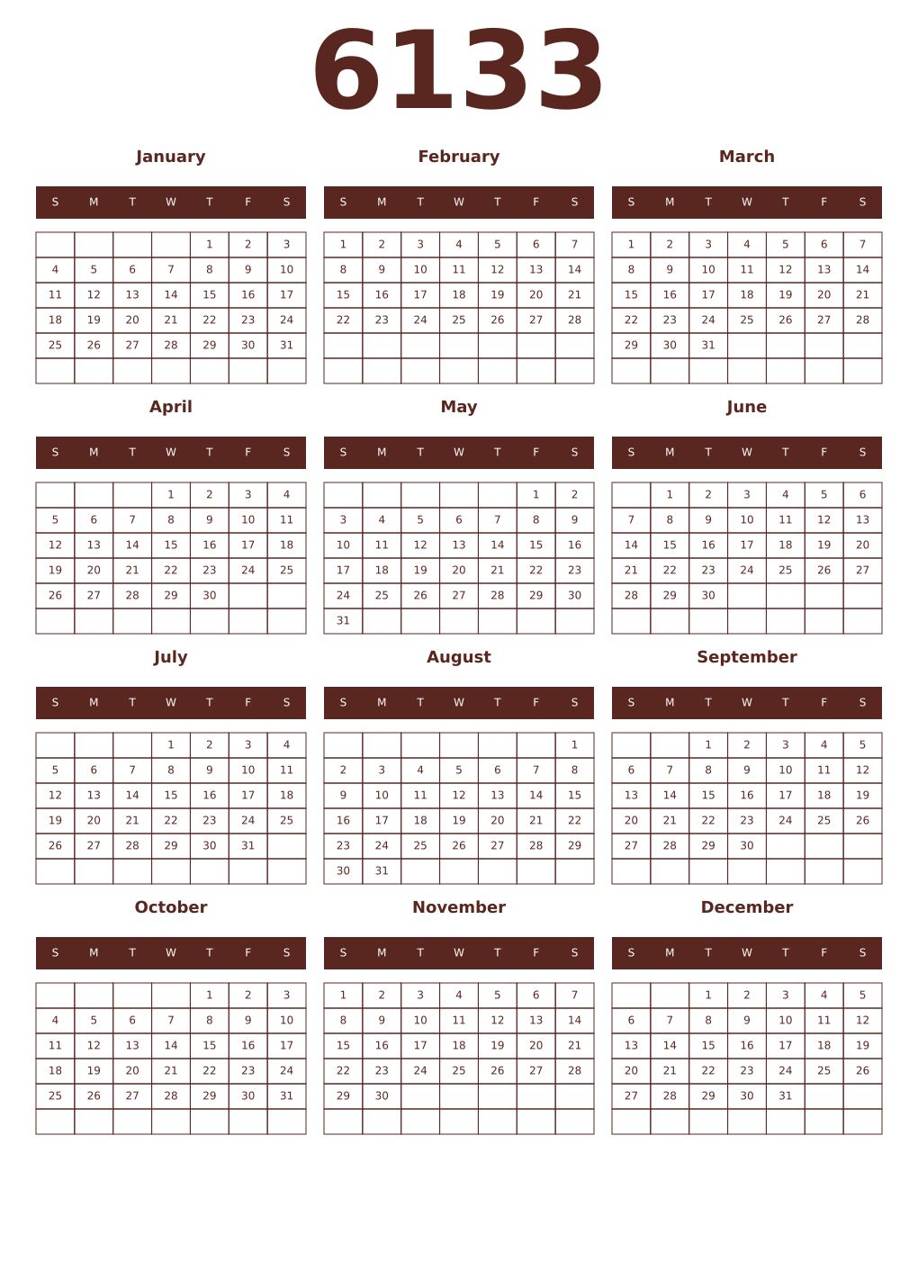 Printable 6133 Year Calendars mortuum