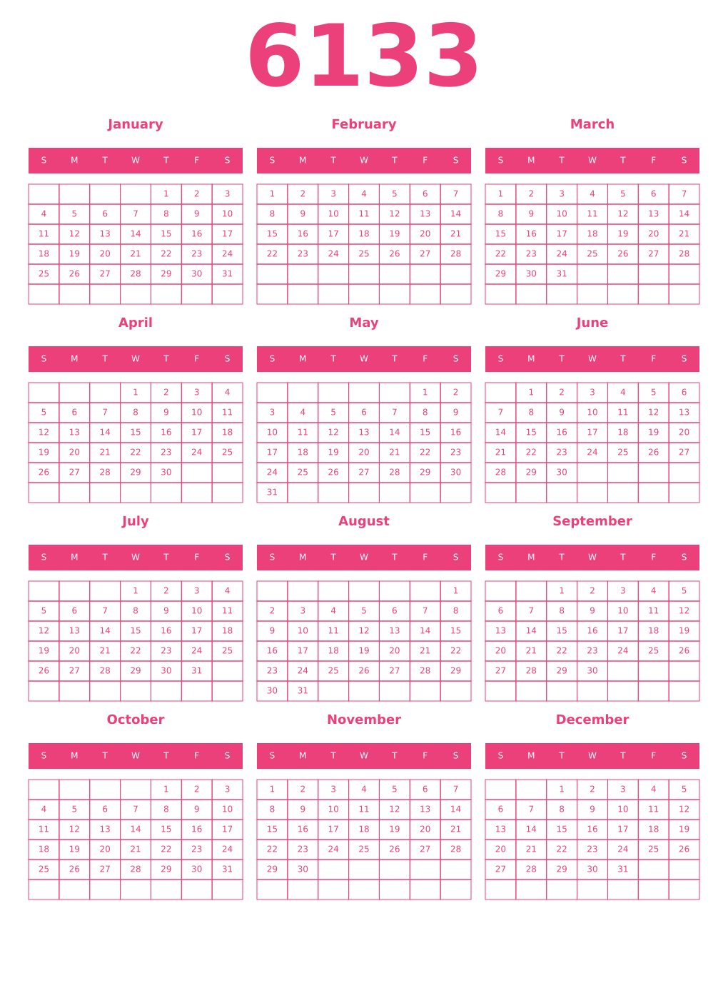 Printable 6133 Year Calendars pink