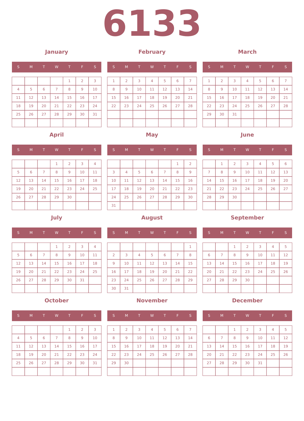Printable 6133 Year Calendars puce