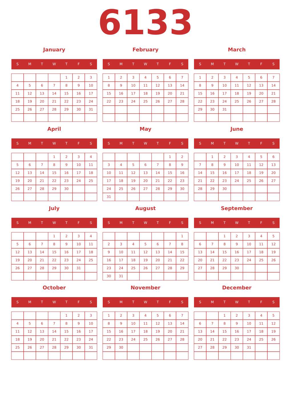 Printable 6133 Year Calendars red