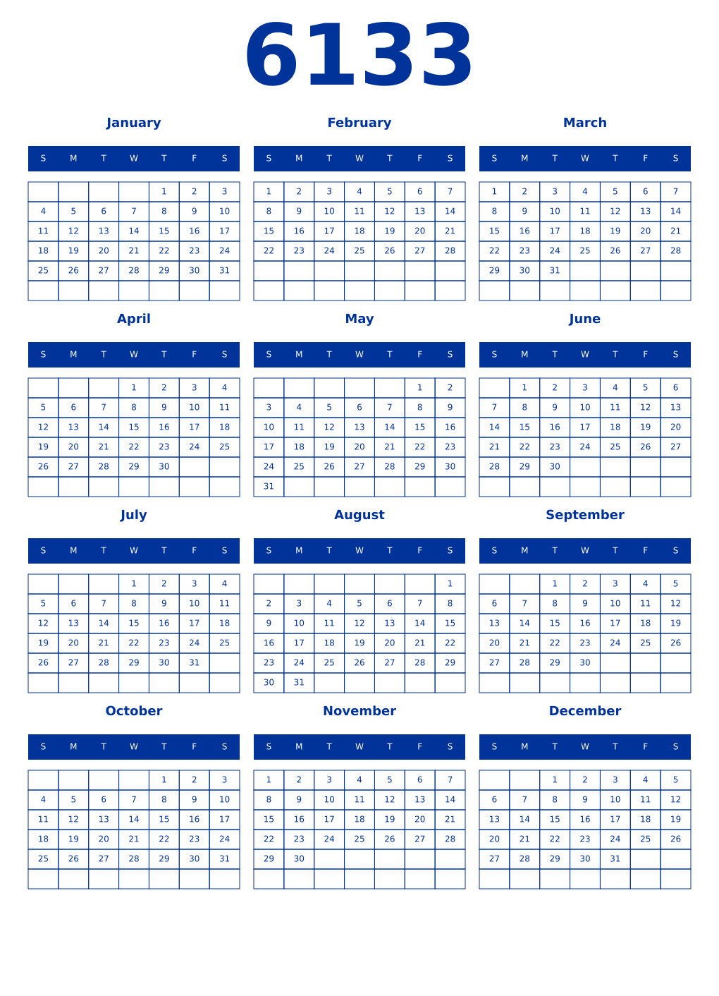 Printable 6133 Year Calendars smalt