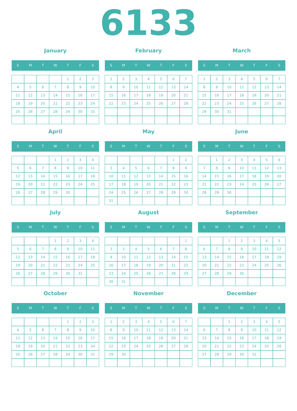 Printable 6133 Year Calendars verdigris