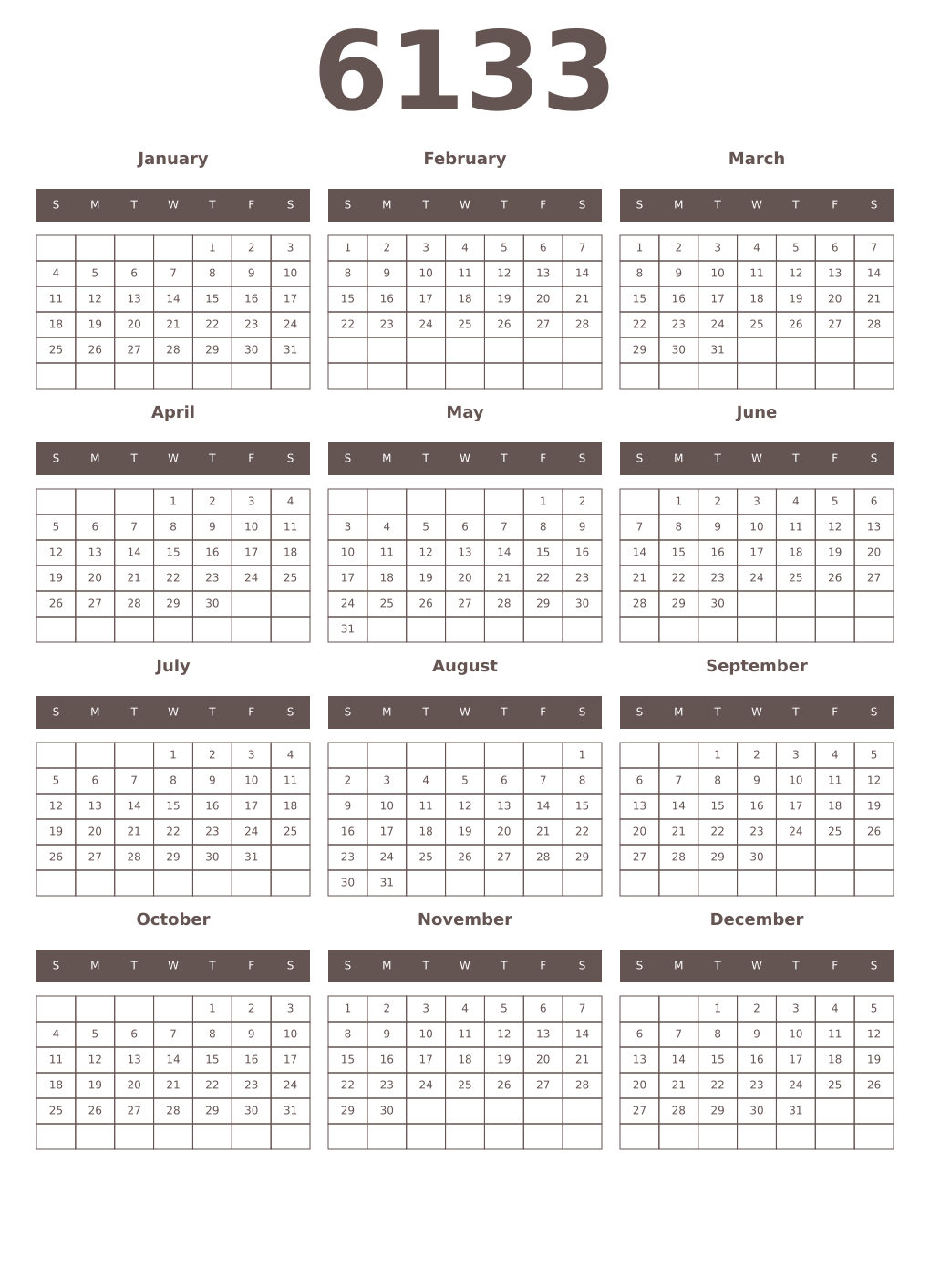 Printable 6133 Year Calendars wenge