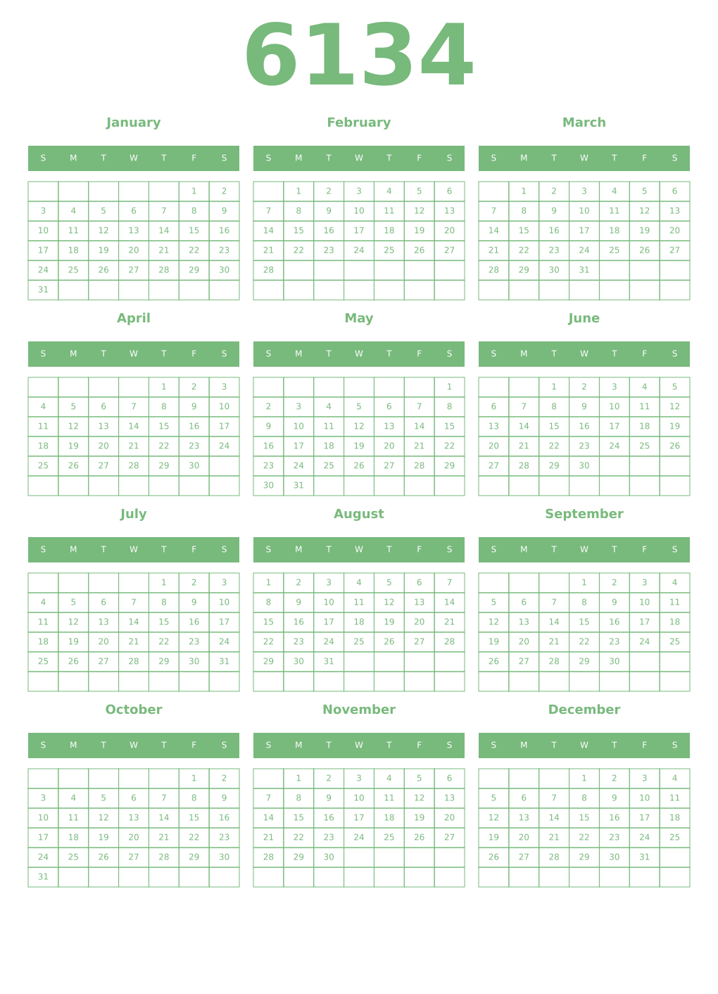 Printable 6134 Year Calendars celadon