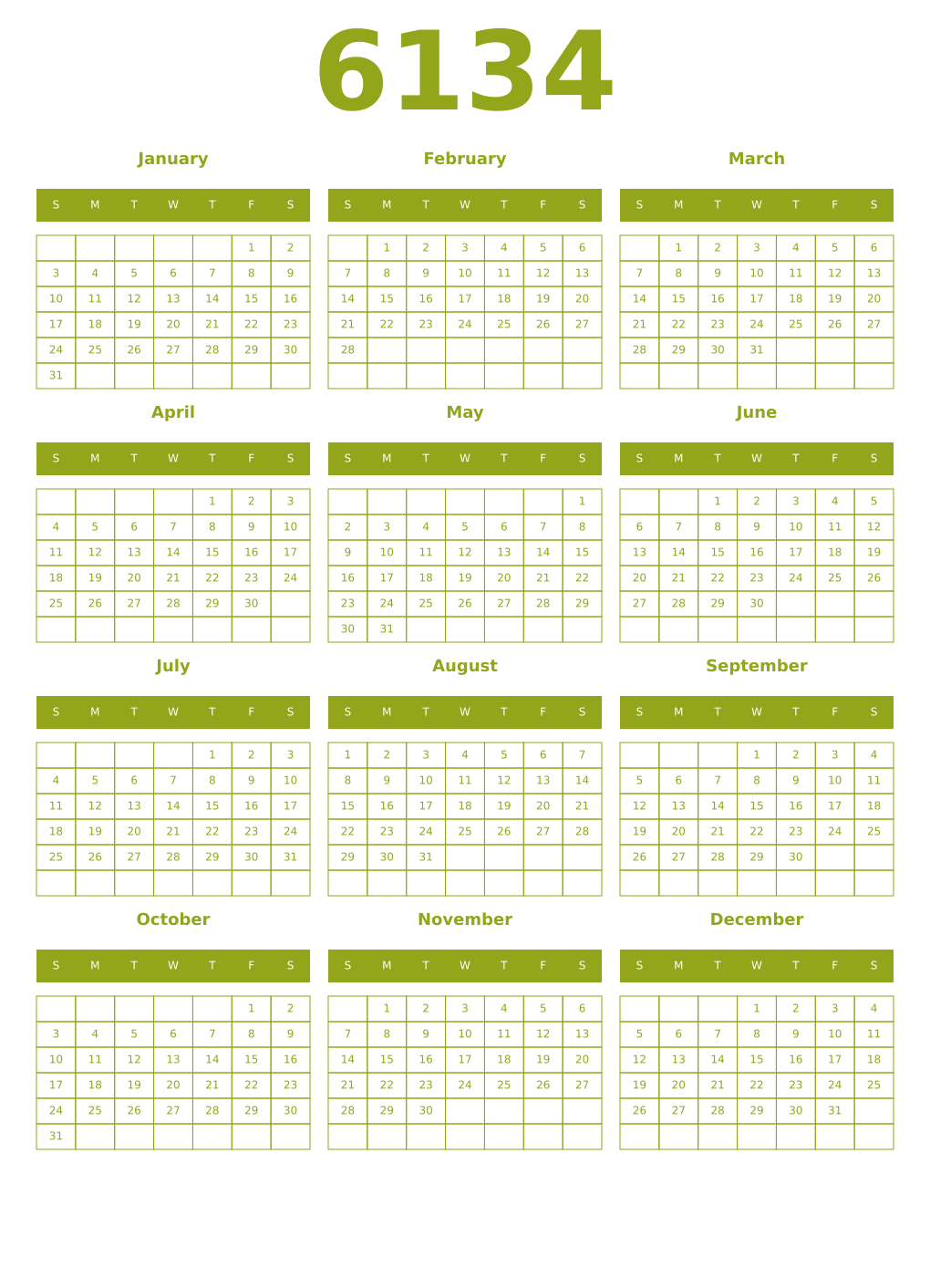 Printable 6134 Year Calendars chartreuse