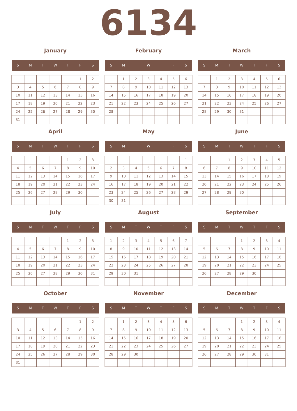 Printable 6134 Year Calendars coffe
