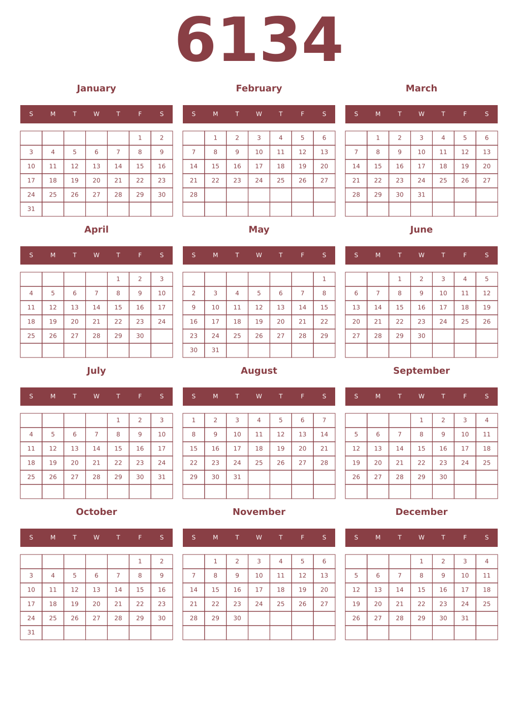 Printable 6134 Year Calendars cordovan
