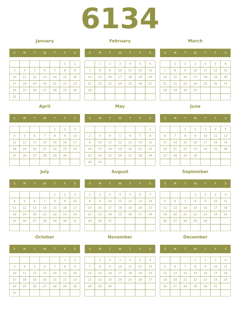 Printable 6134 Year Calendars eburnean