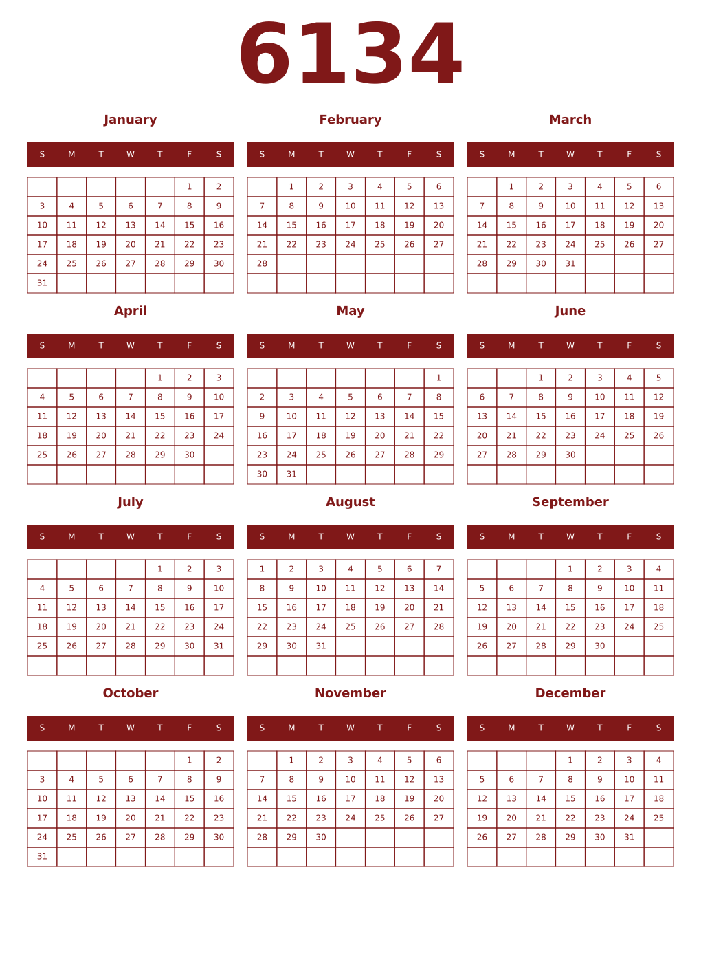 Printable 6134 Year Calendars falu