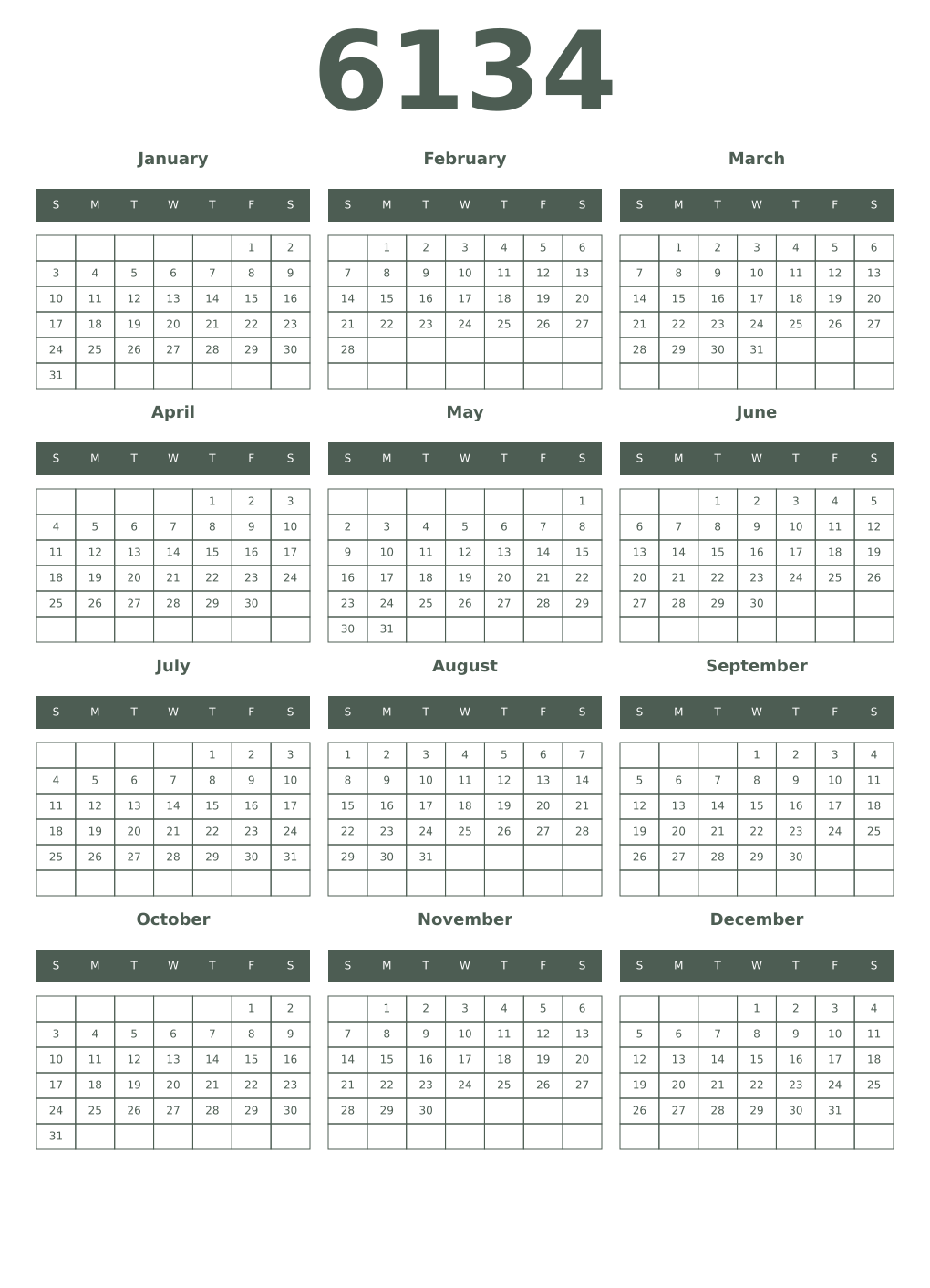 Printable 6134 Year Calendars feldgrau