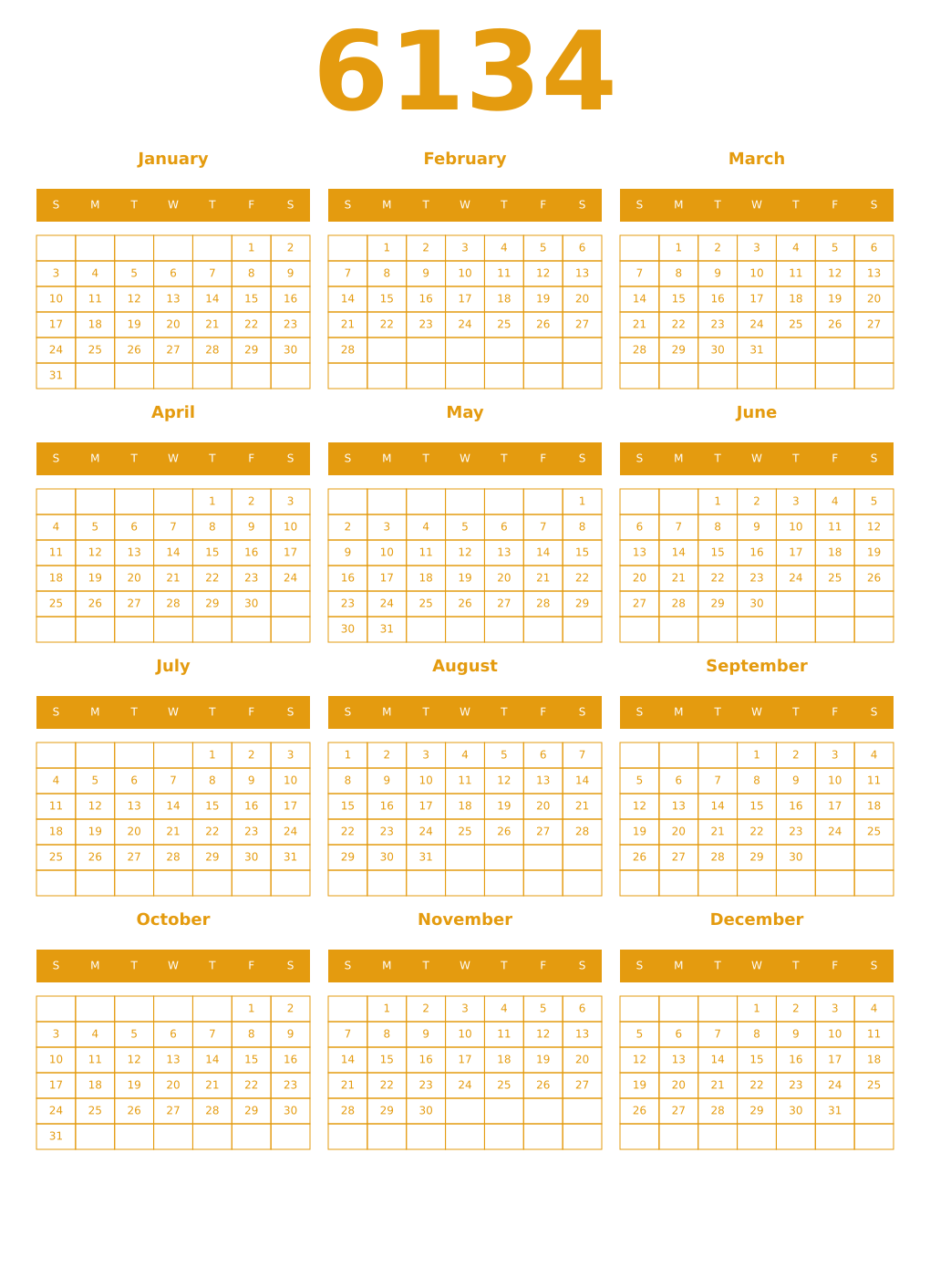 Printable 6134 Year Calendars gamboge