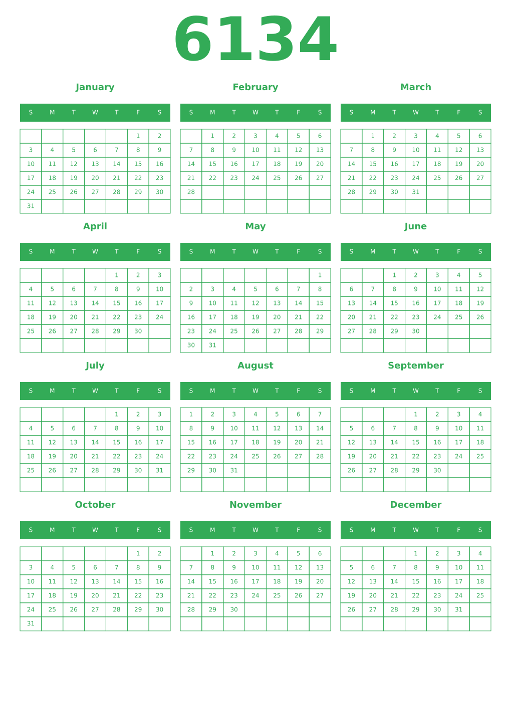Printable 6134 Year Calendars green