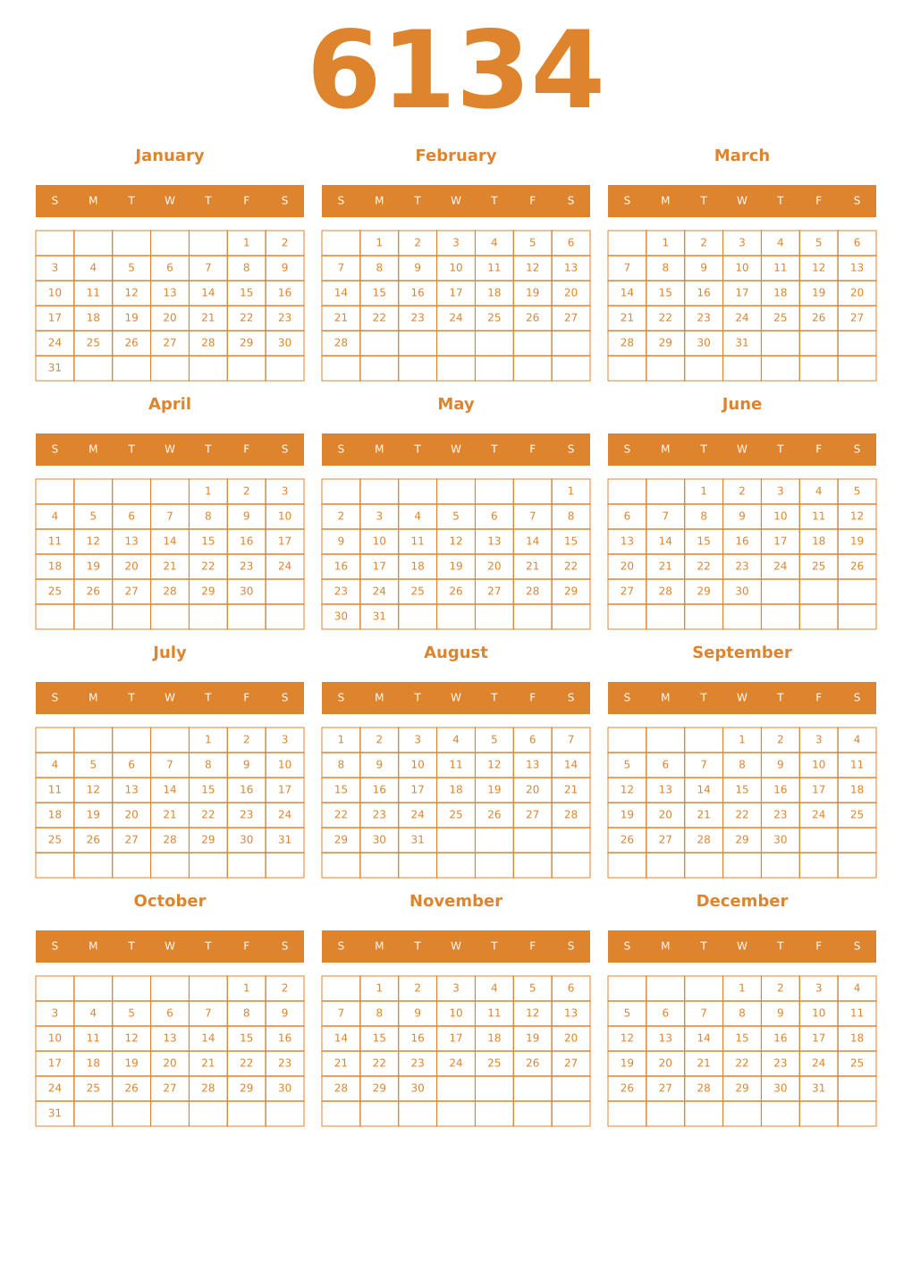Printable 6134 Year Calendars orange