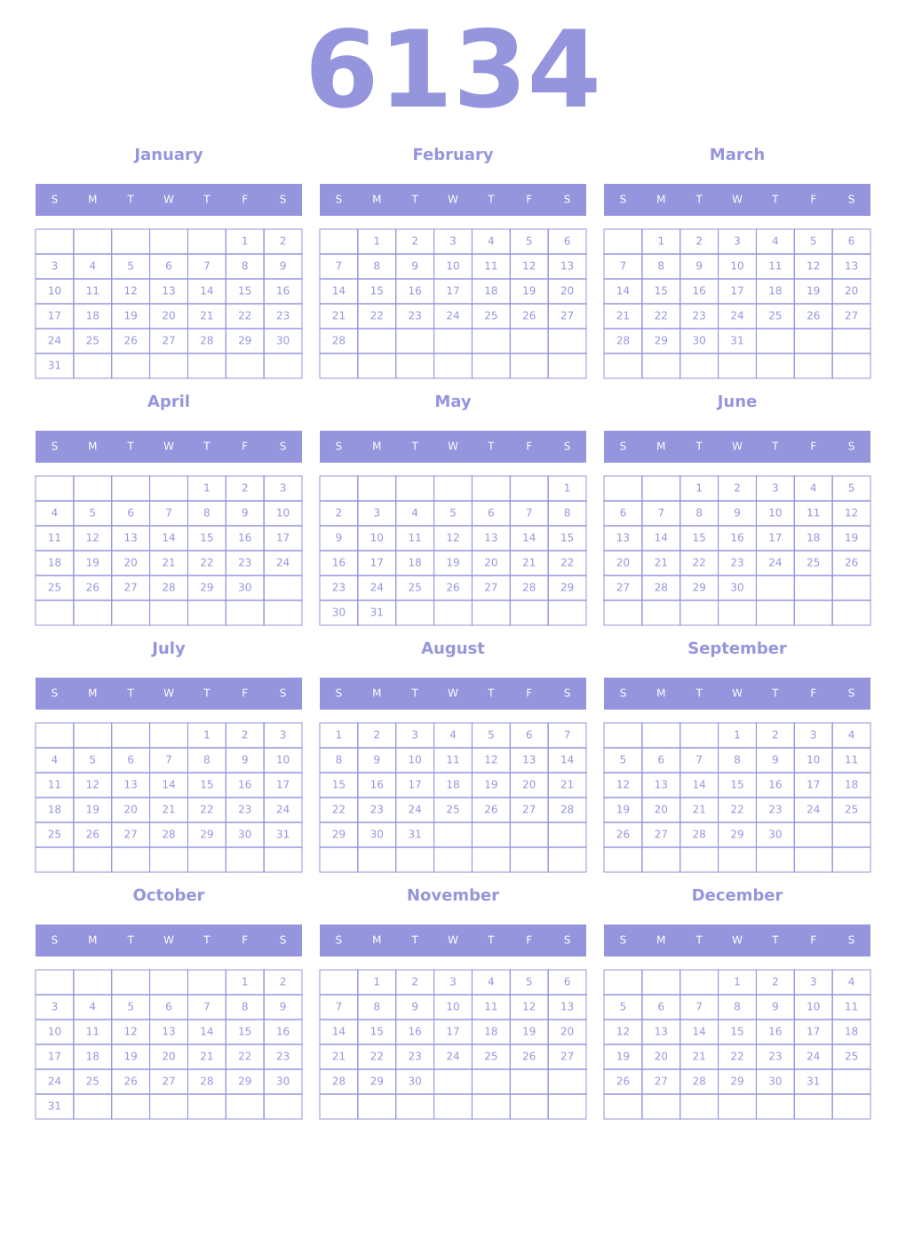 Printable 6134 Year Calendars periwinkle