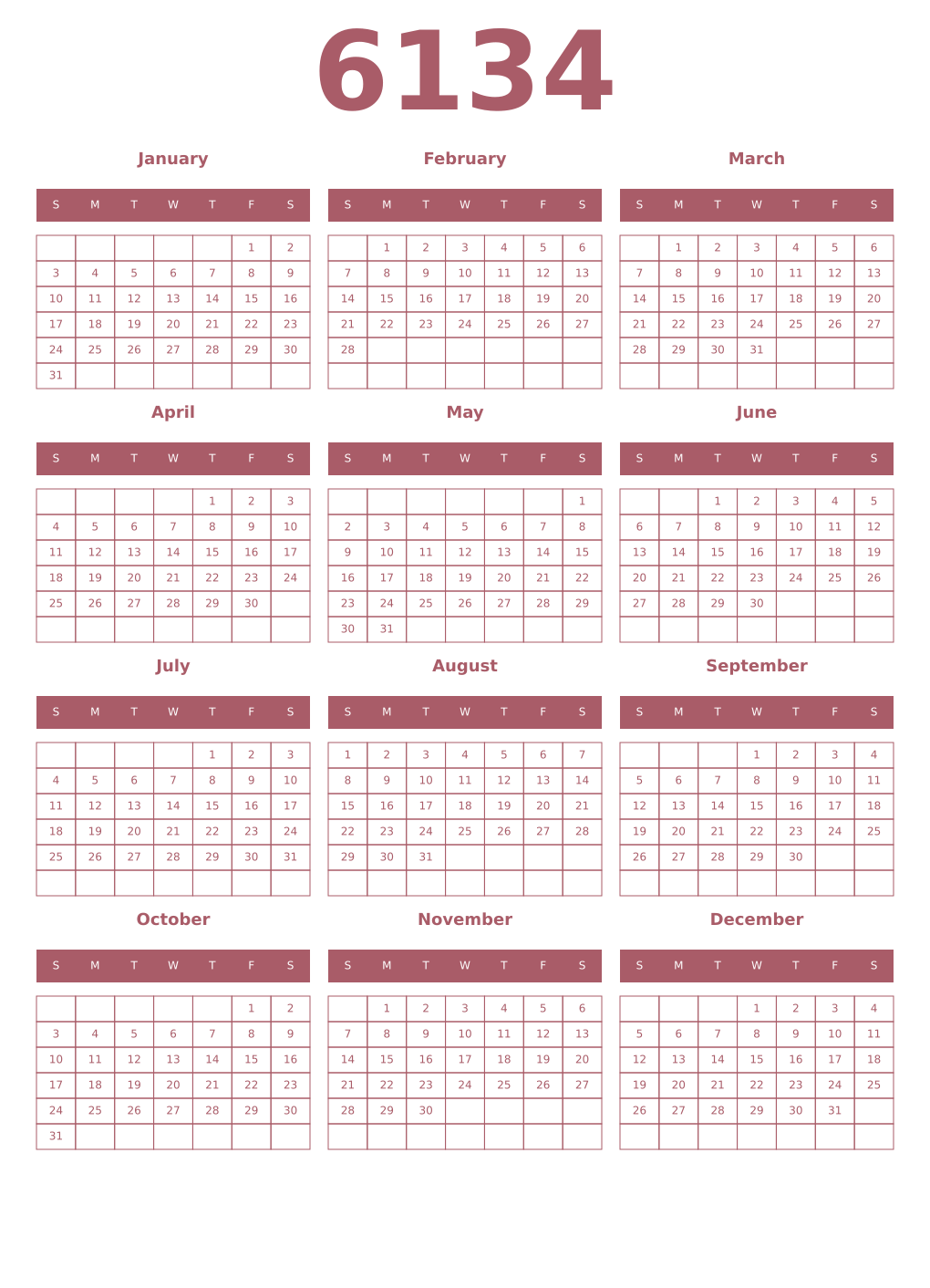 Printable 6134 Year Calendars puce