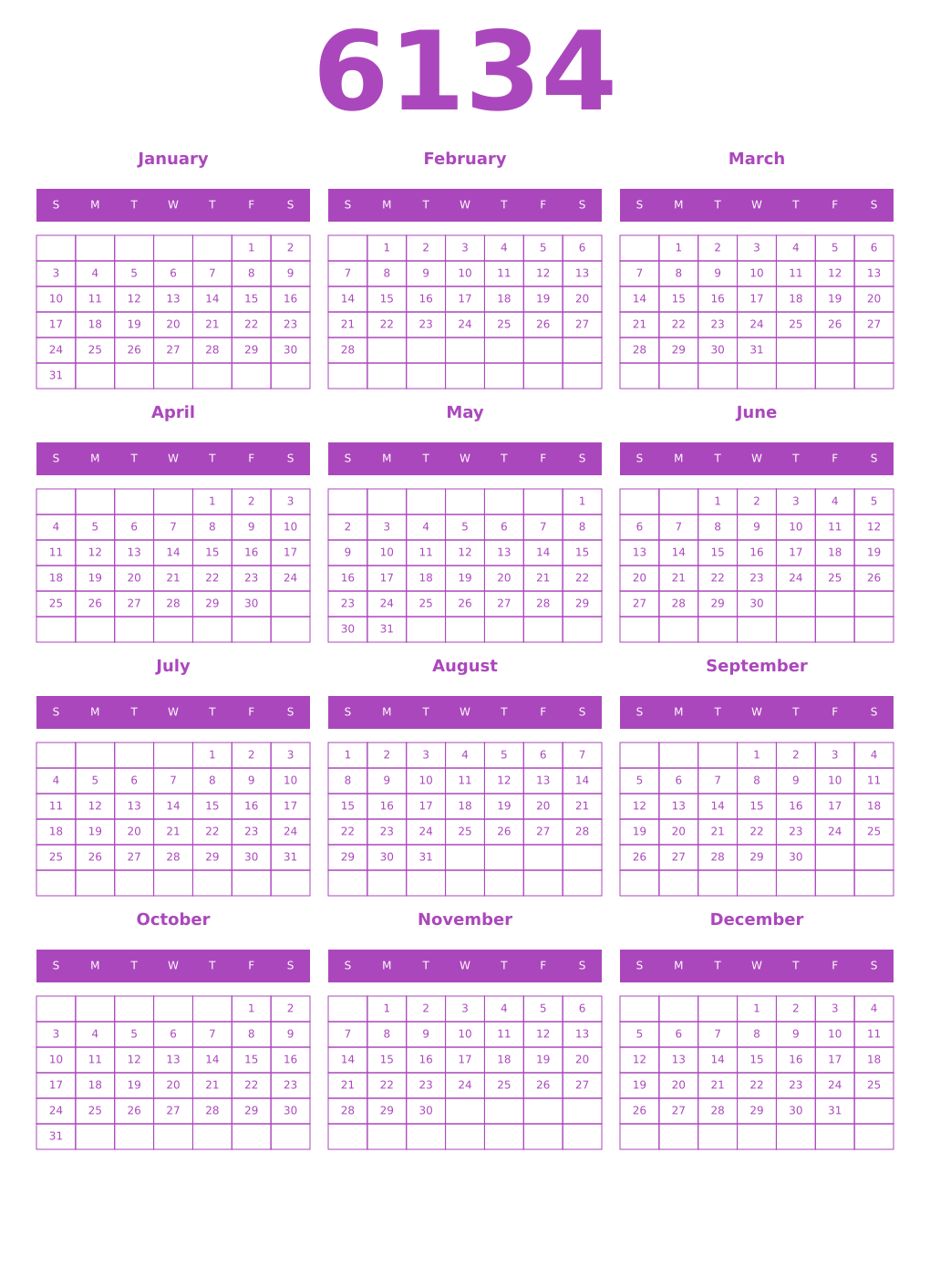Printable 6134 Year Calendars purple