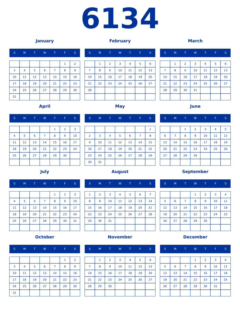 Printable 6134 Year Calendars smalt