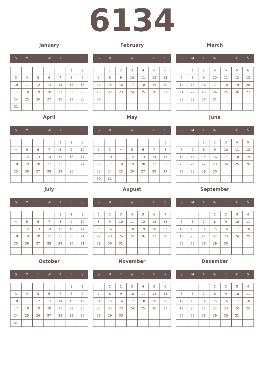 Printable 6134 Year Calendars wenge