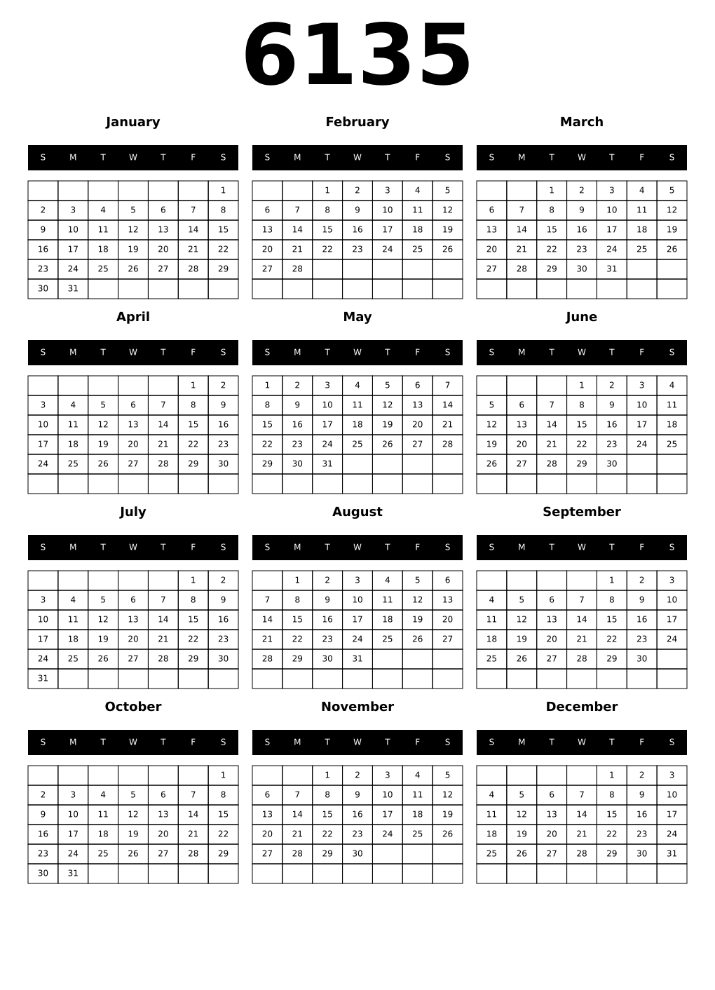 Printable 6135 Year Calendars black