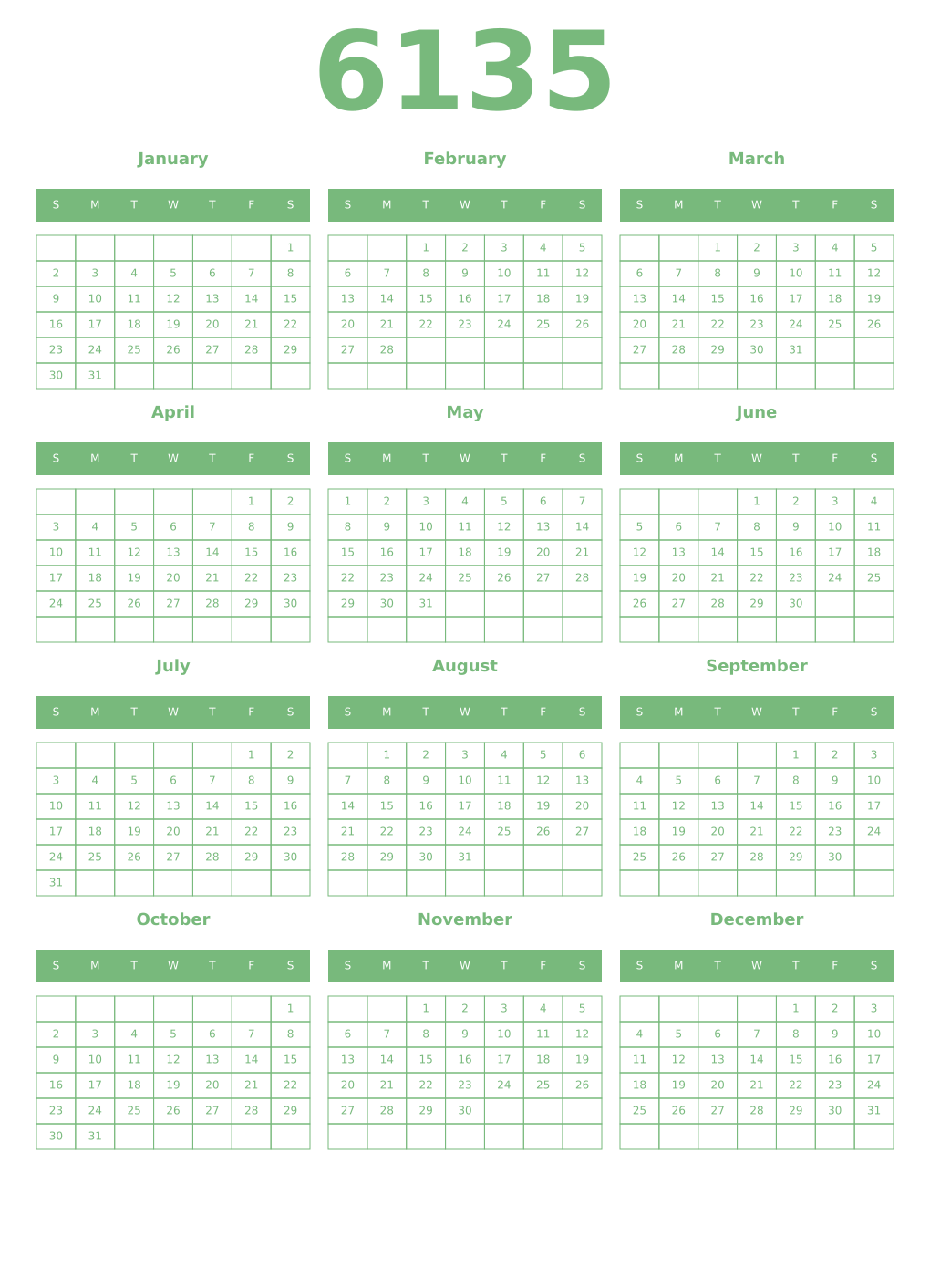 Printable 6135 Year Calendars celadon