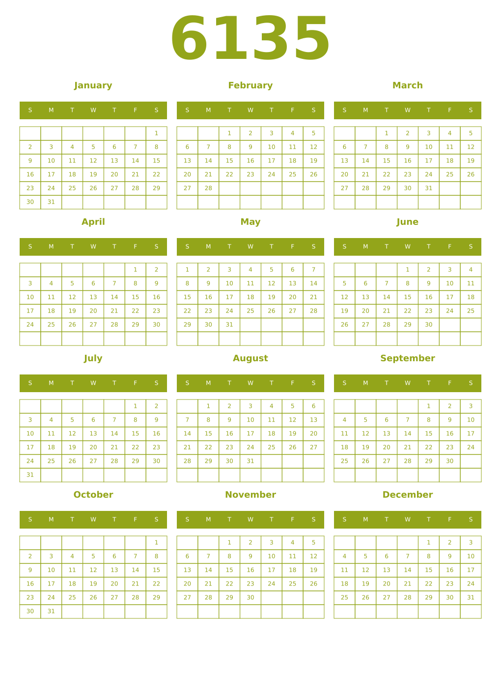 Printable 6135 Year Calendars chartreuse